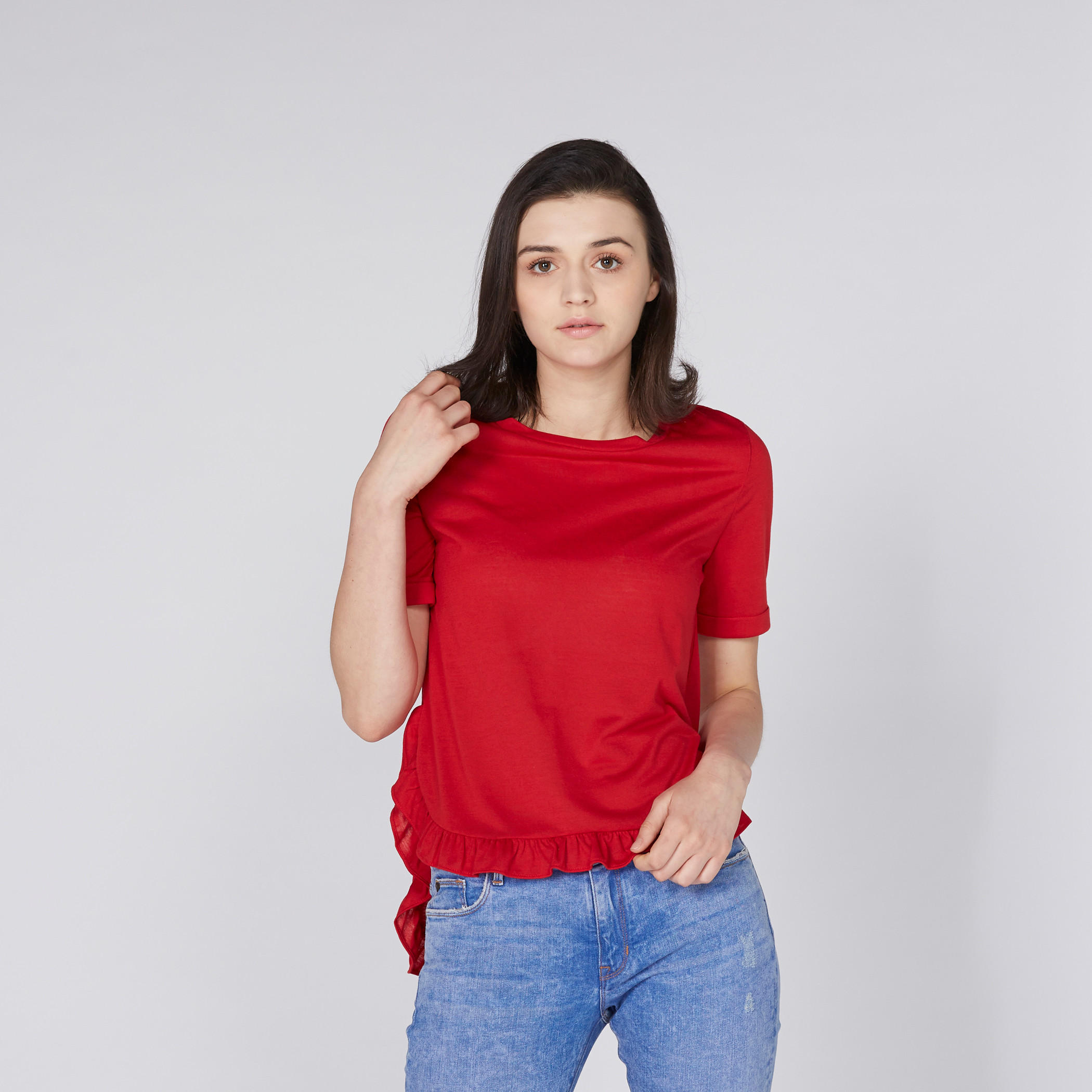 بلوزة محبوكة بياقة مستديرة وحوّاف غير مستوية وتقليمات كشكش-women-clothing-shirtsandblouses-blouses-image-2