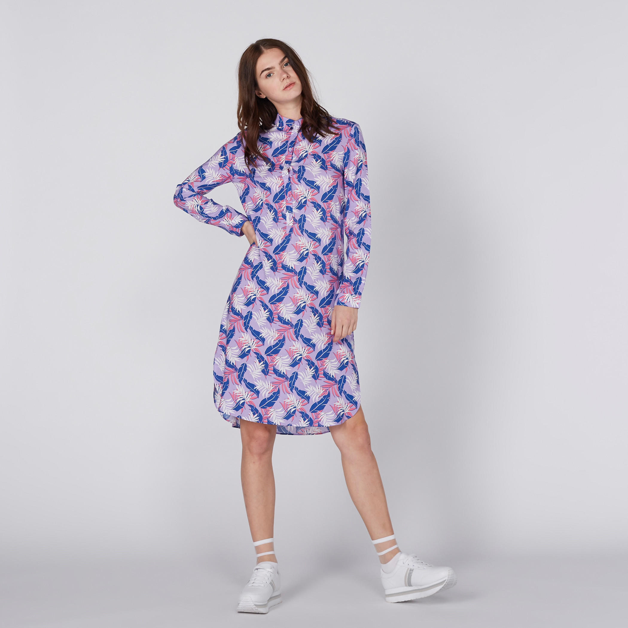 فستان متوسط الطول بأكمام طويلة ونصف وصلة أزرار وطبعات-women-clothing-dresses-image-1