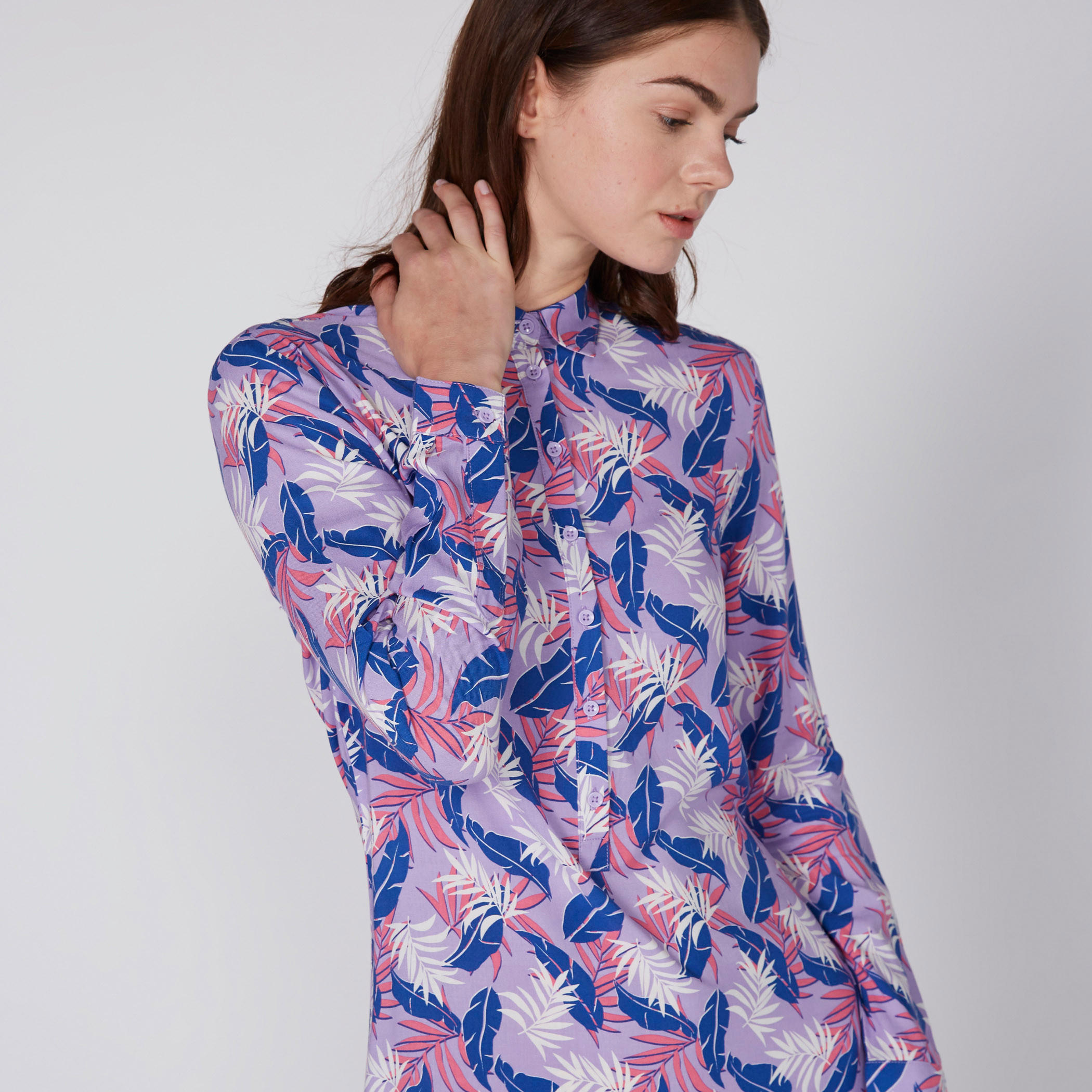 فستان متوسط الطول بأكمام طويلة ونصف وصلة أزرار وطبعات-women-clothing-dresses-image-2