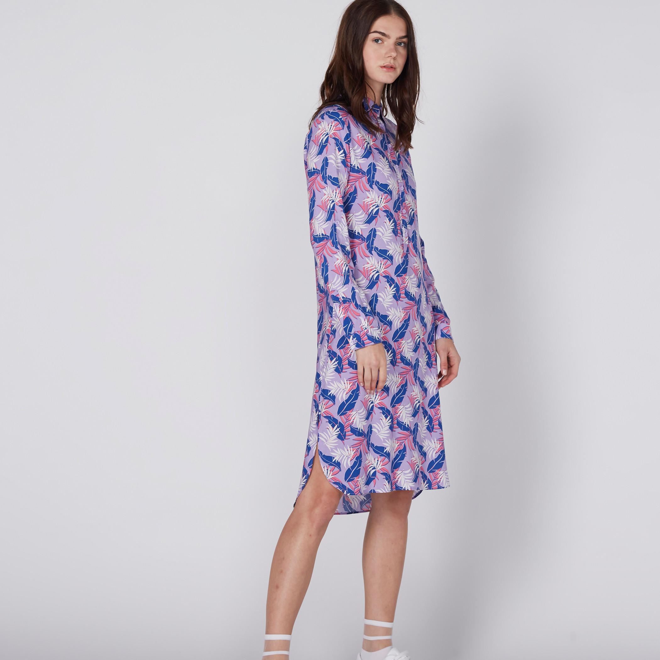 فستان متوسط الطول بأكمام طويلة ونصف وصلة أزرار وطبعات-women-clothing-dresses-image-3
