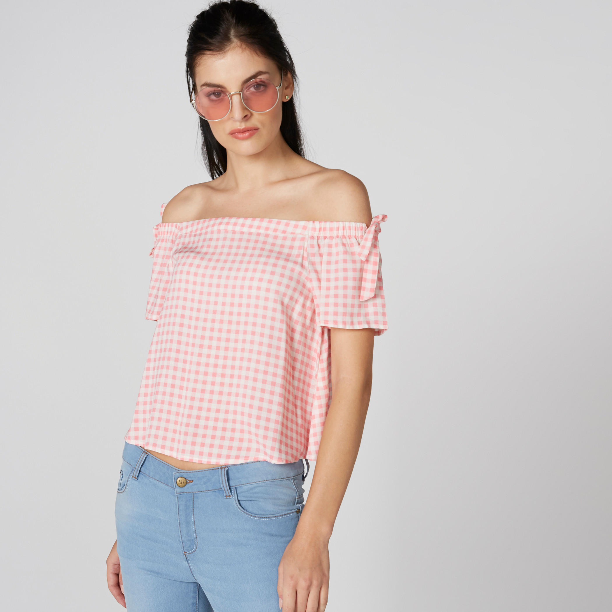 بلوزة كاروهات مكشوفة الأكتاف بأربطة-women-clothing-shirtsandblouses-blouses-image-3