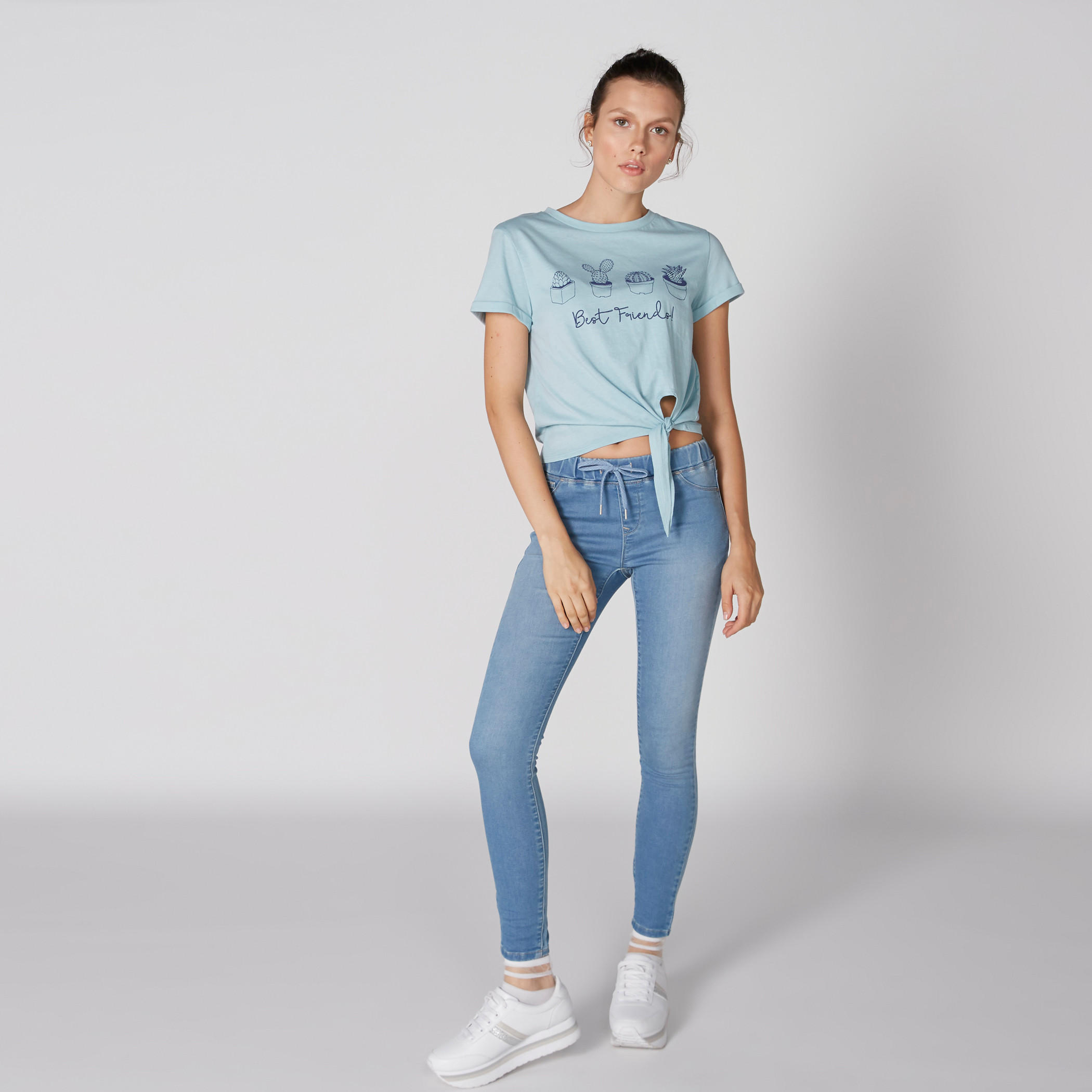 Printed Round Neck T-Shirt with Short Sleeves and Tie Up Detail-women-clothing-tshirts-image-1