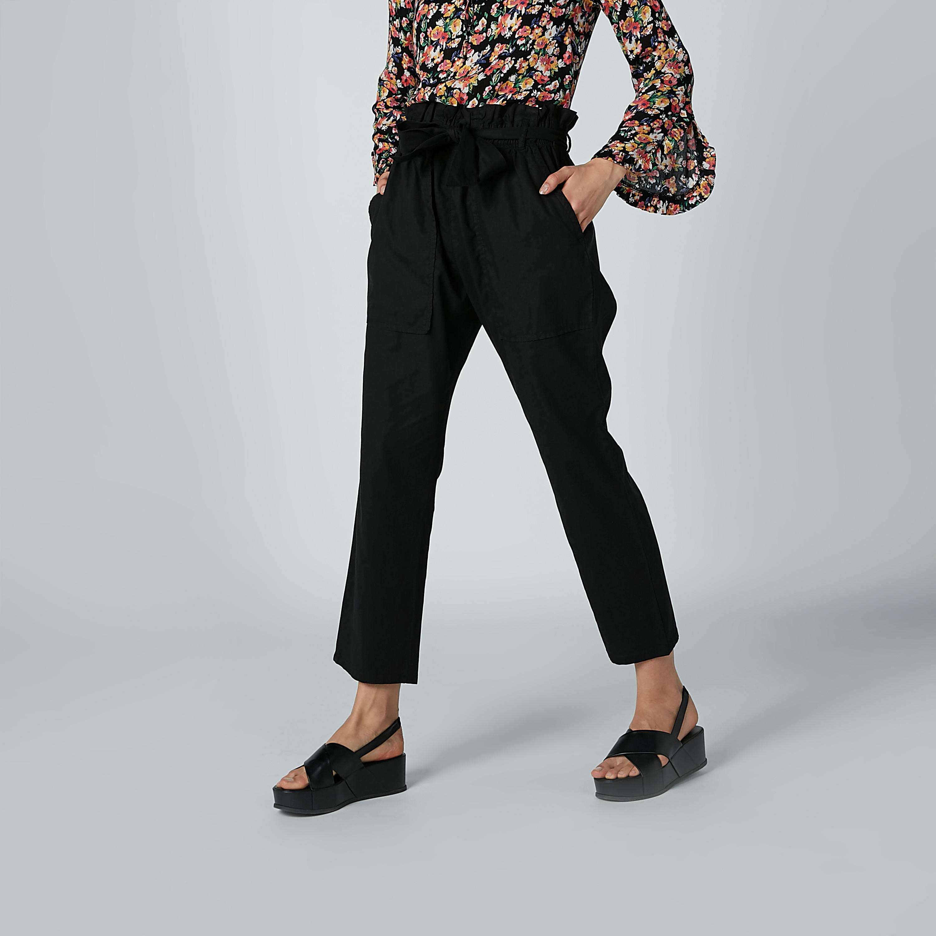Solid Trousers with Paper Bag Waist and Pocket Detail-women-clothing-bottoms-trousers-image-1