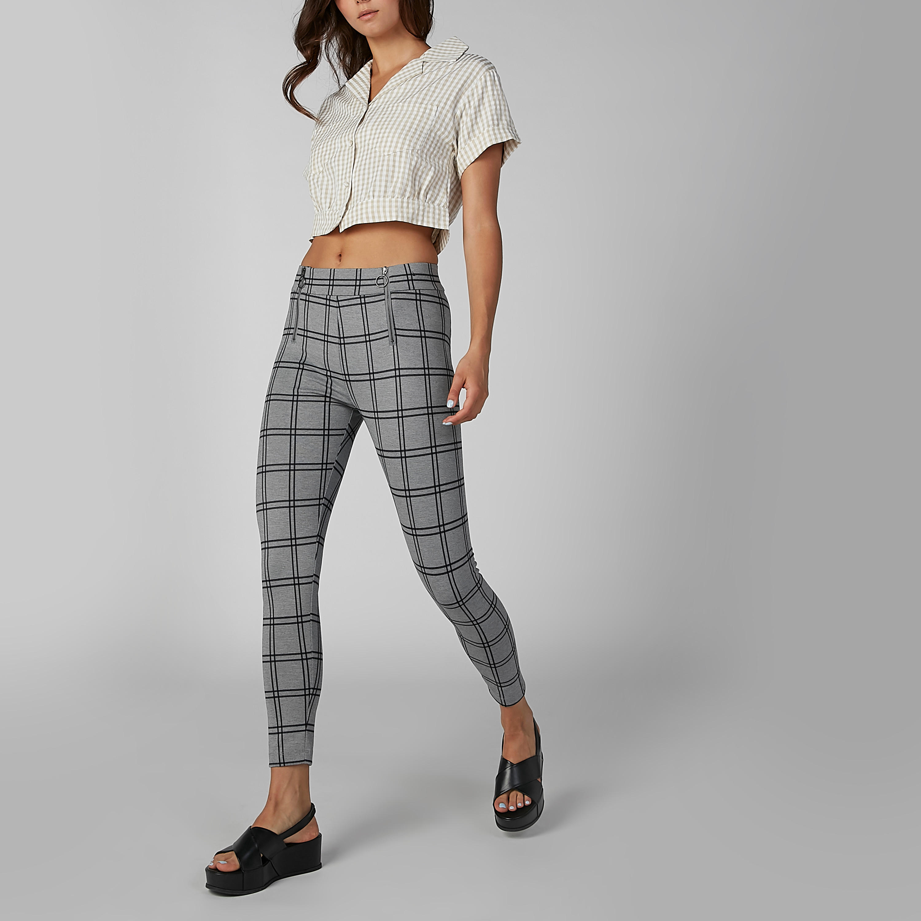 بنطال كاروهات سكيني بخصر مطّاطي وسحاب-women-clothing-bottoms-leggings-image-1
