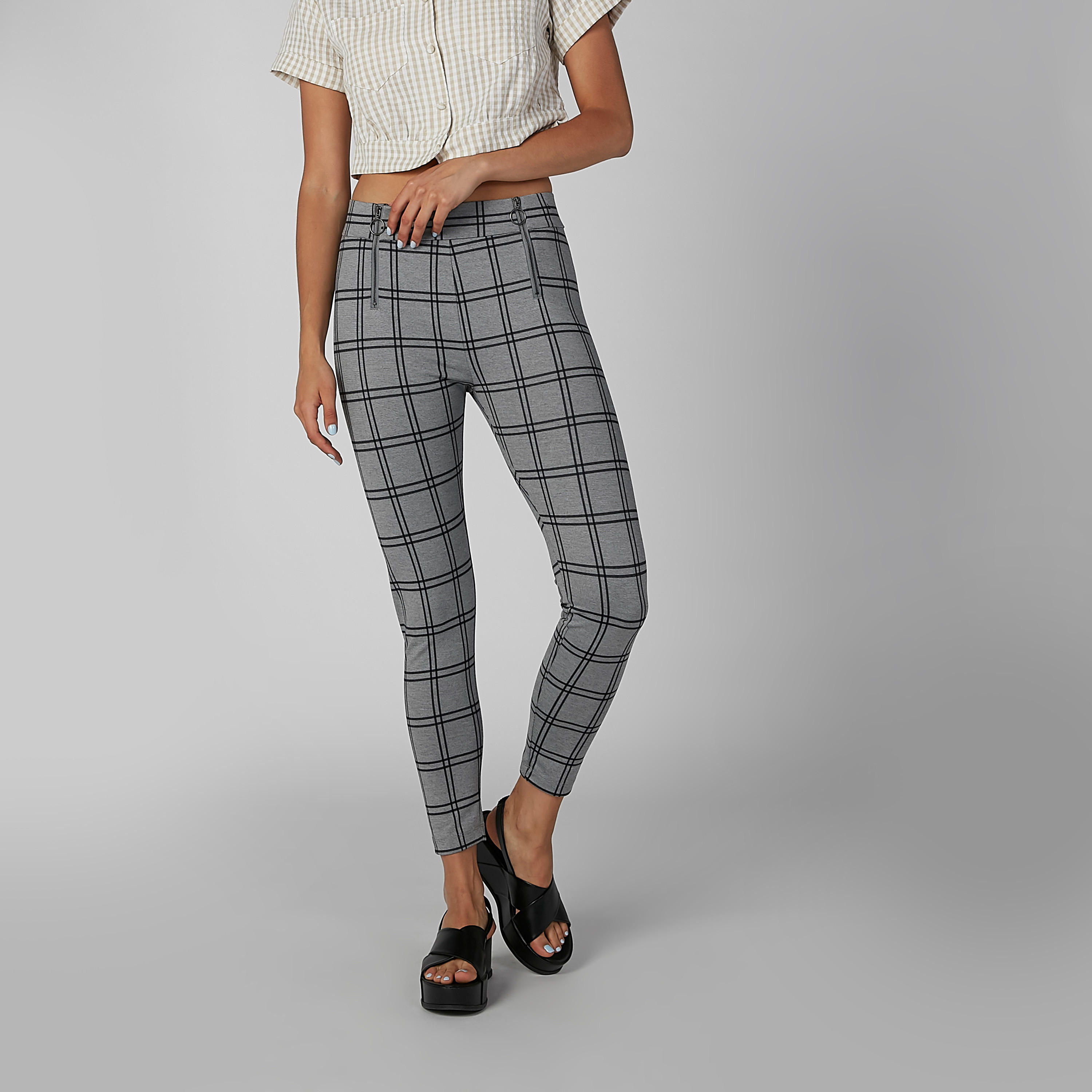 بنطال كاروهات سكيني بخصر مطّاطي وسحاب-women-clothing-bottoms-leggings-image-2
