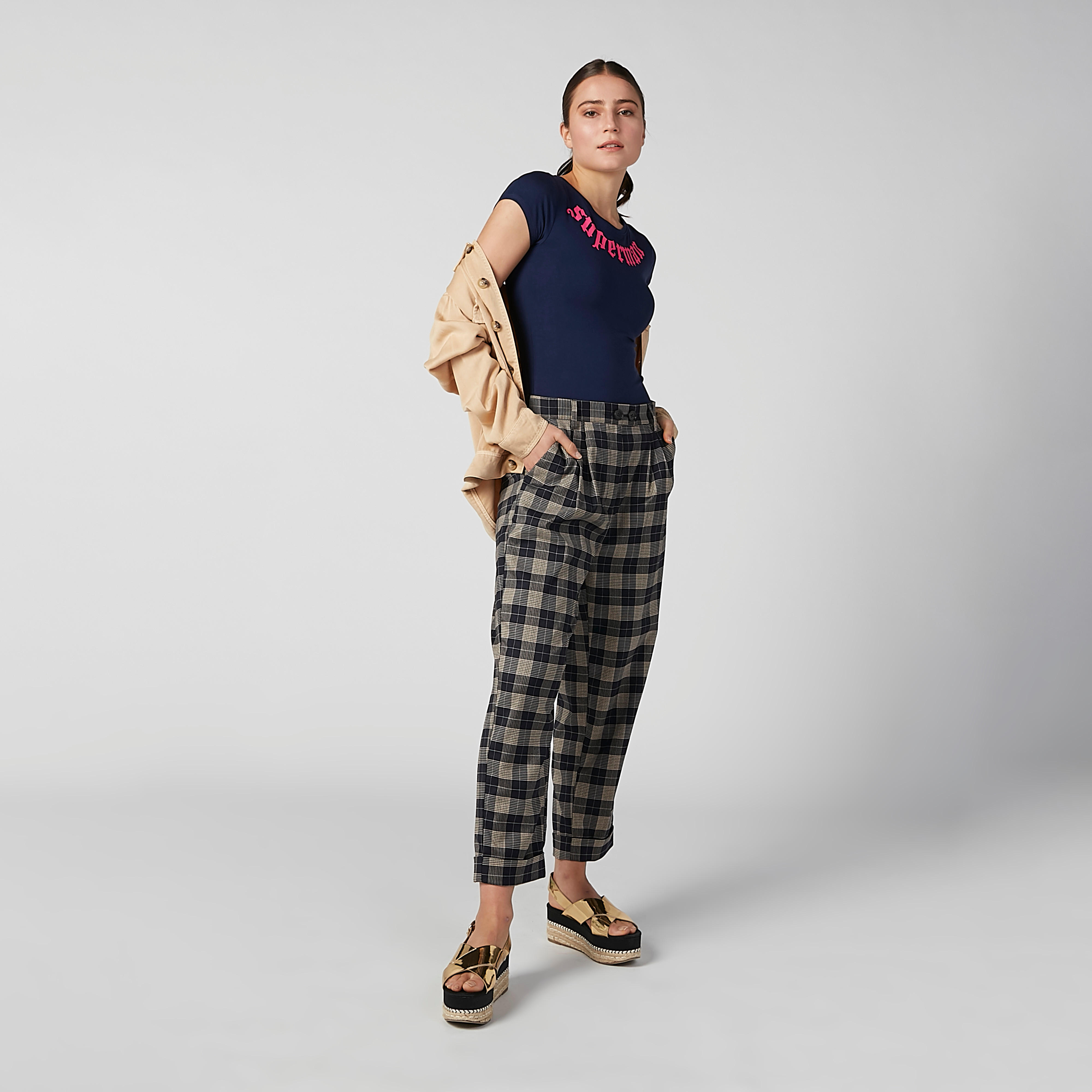 بنطال كاروهات بجيوب وعروات حزام-women-clothing-bottoms-trousers-image-1
