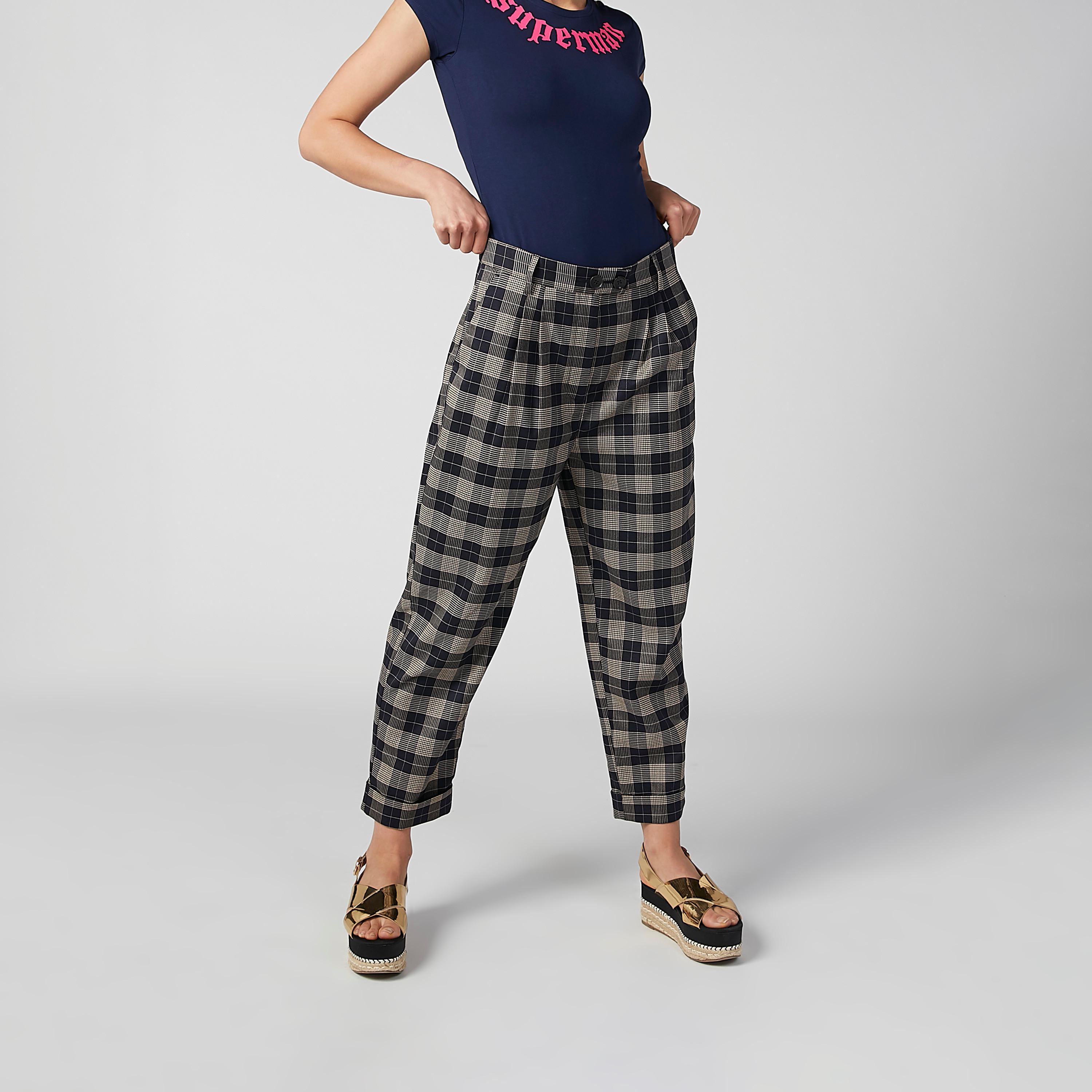 بنطال كاروهات بجيوب وعروات حزام-women-clothing-bottoms-trousers-image-2