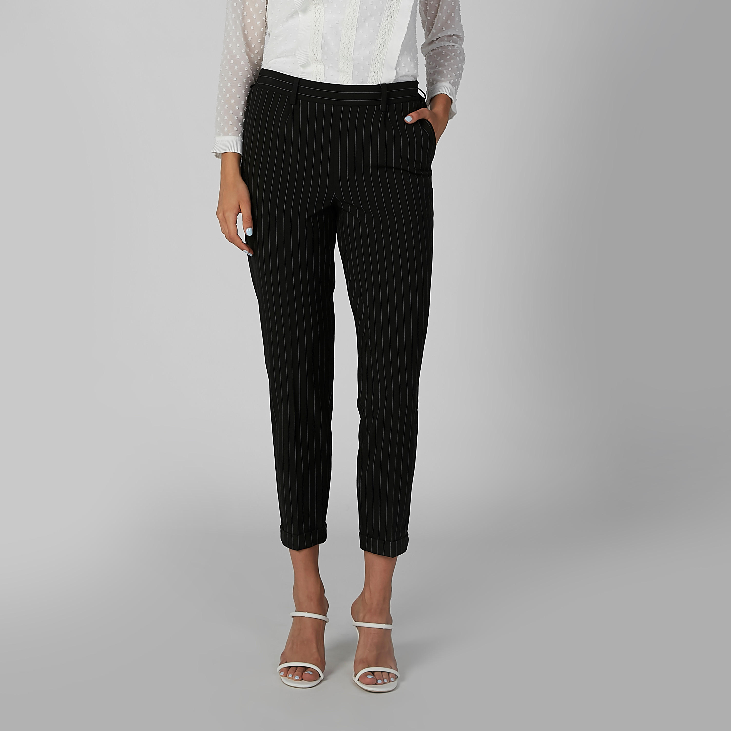 بنطال رسمي مخطط مع جيوب جانبية وحلقات حزام-women-clothing-bottoms-trousers-image-2