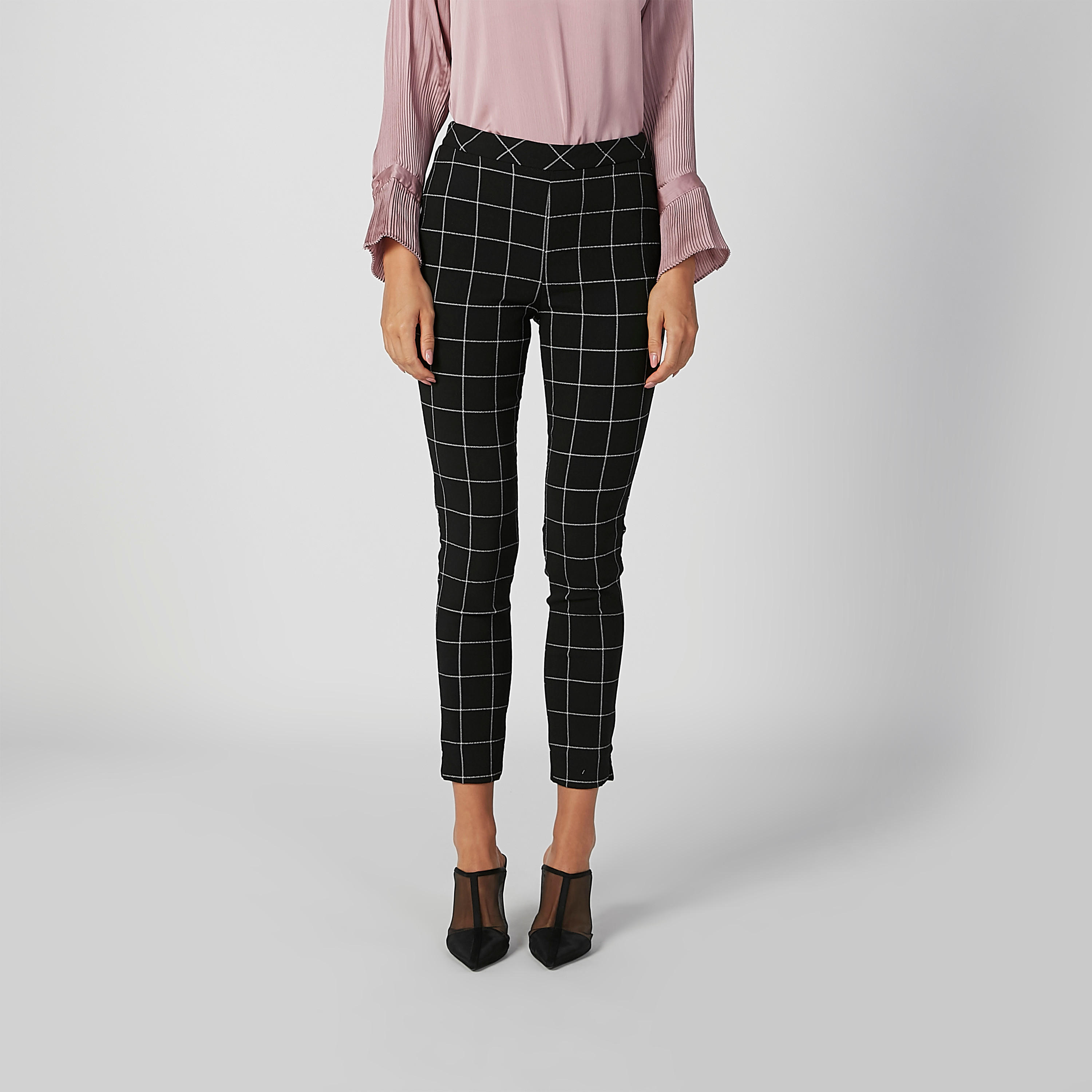 بنطلون رسمي سكيني كاروهات بخصر مطّاطي متوسط الارتفاع-women-clothing-bottoms-trousers-image-1