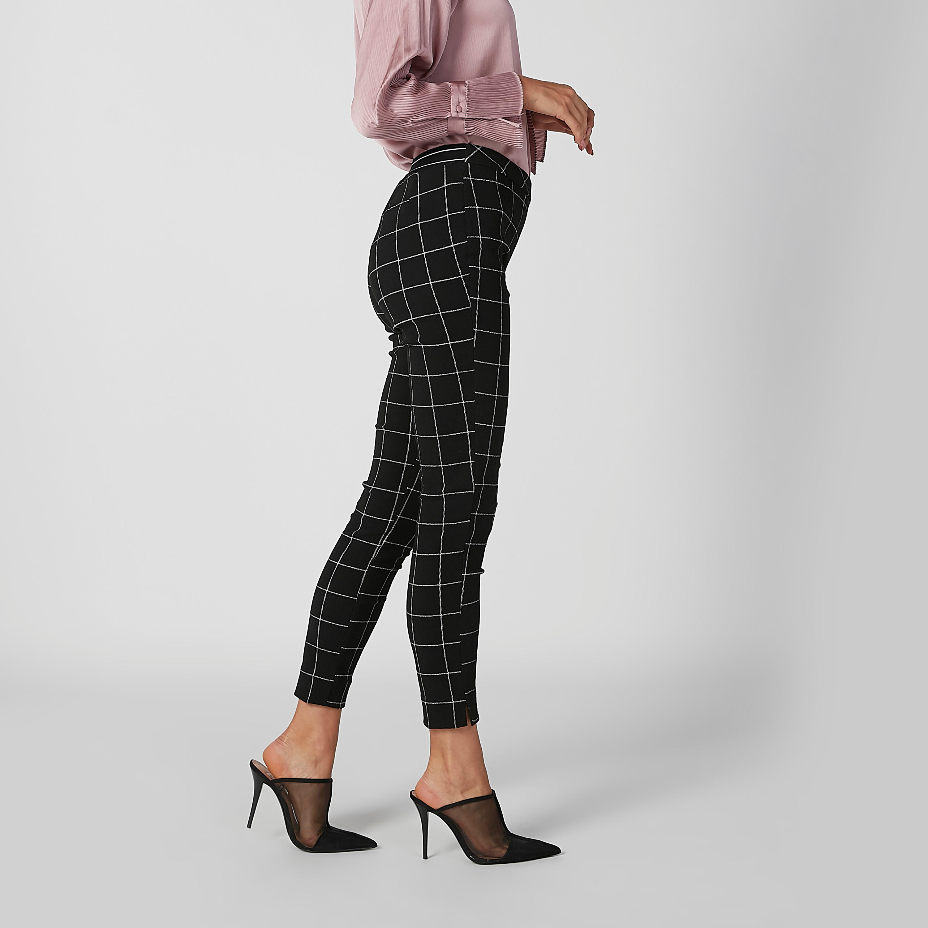 بنطلون رسمي سكيني كاروهات بخصر مطّاطي متوسط الارتفاع-women-clothing-bottoms-trousers-image-2
