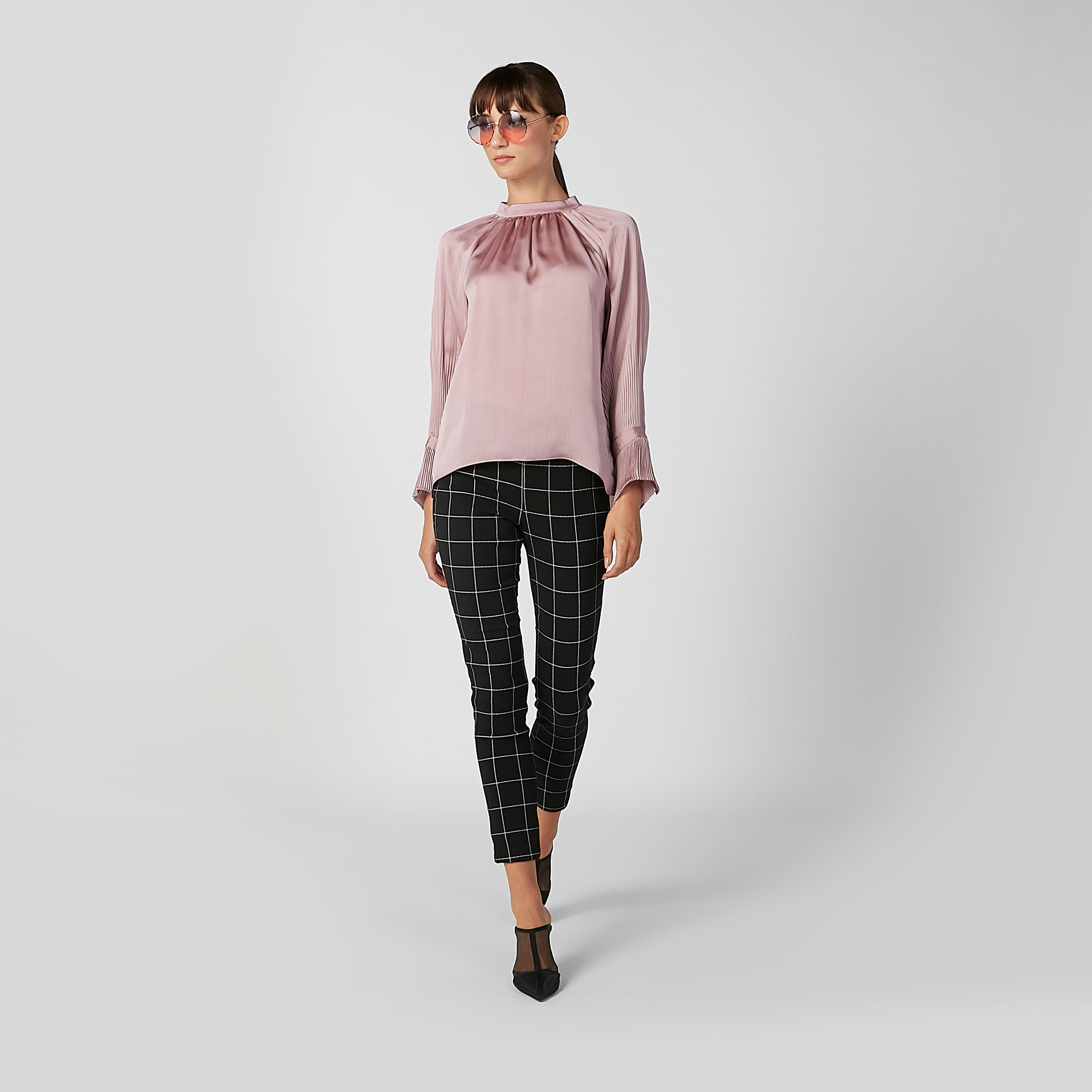بنطلون رسمي سكيني كاروهات بخصر مطّاطي متوسط الارتفاع-women-clothing-bottoms-trousers-image-3