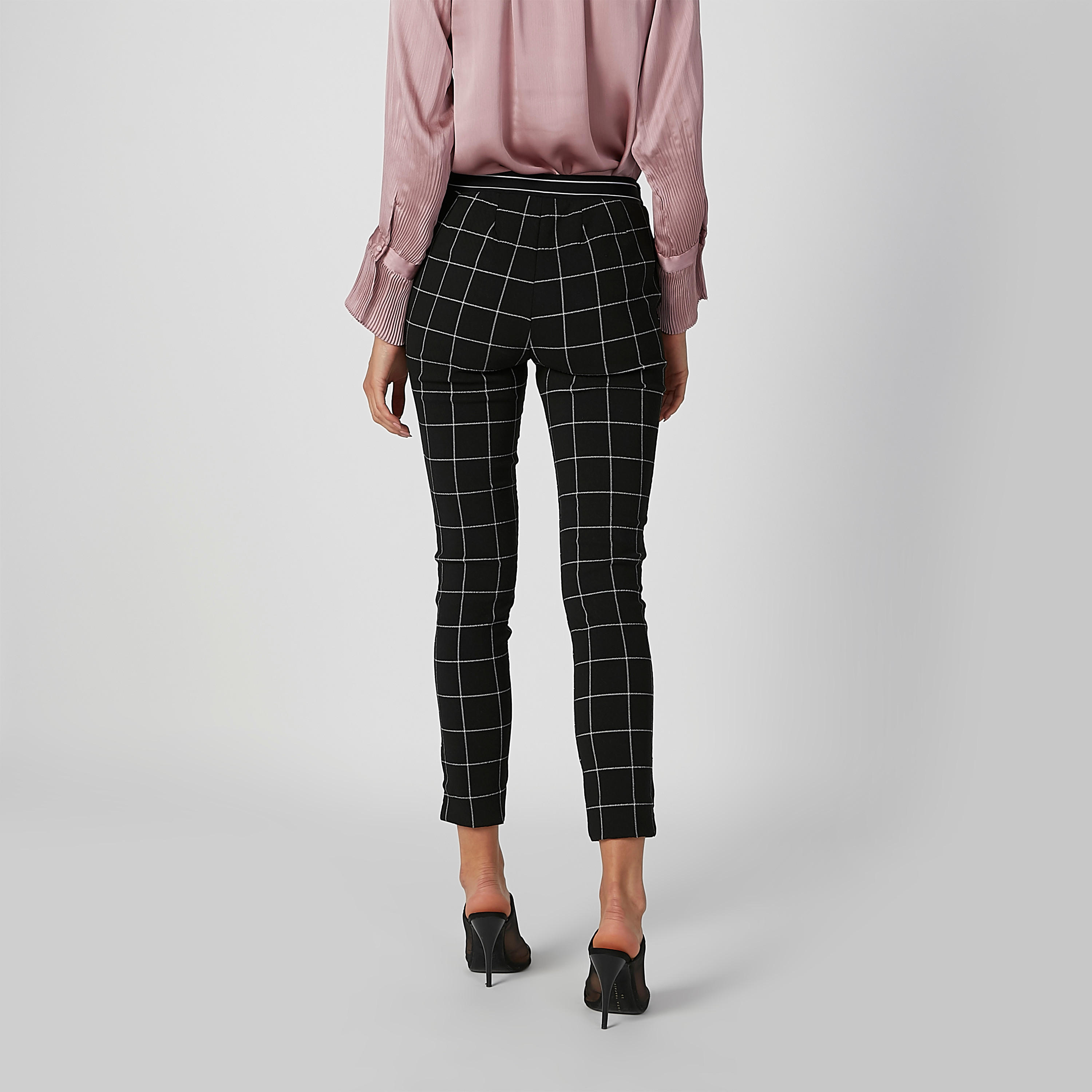 بنطلون رسمي سكيني كاروهات بخصر مطّاطي متوسط الارتفاع-women-clothing-bottoms-trousers-image-4