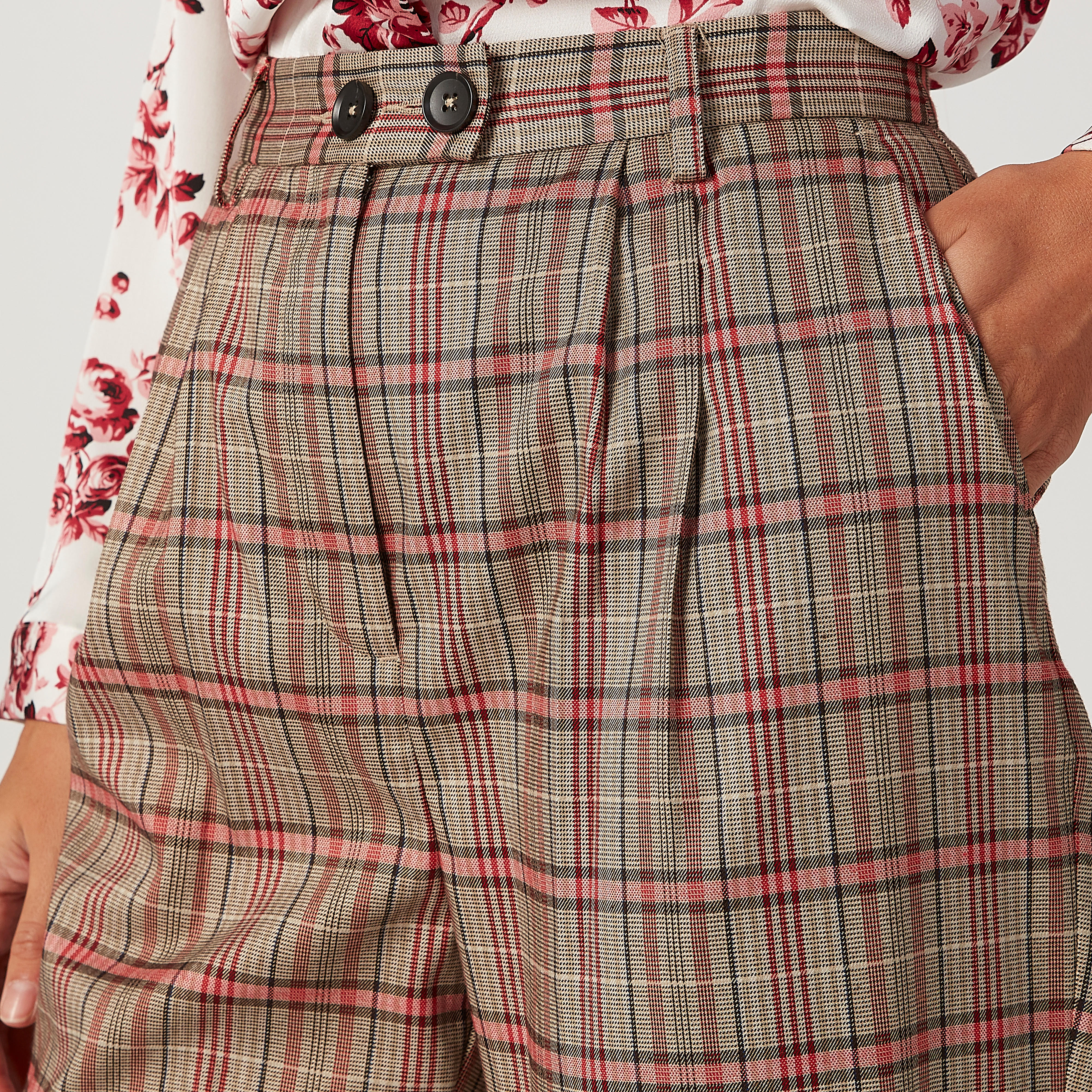 بنطلون كاروهات بخصر مطّاطي متوسّط الارتفاع وتفاصيل جيوب-women-clothing-bottoms-trousers-image-3