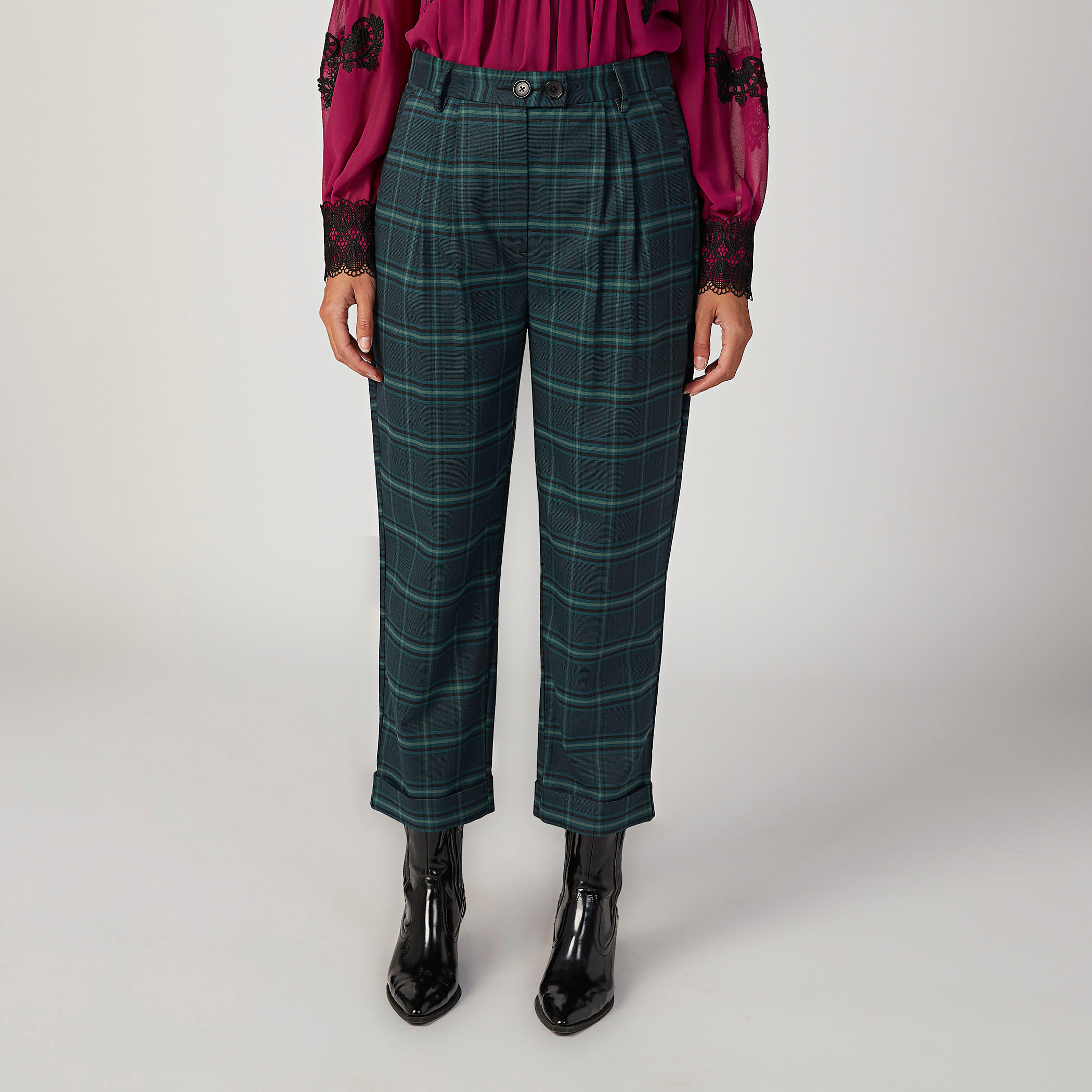 بنطلون كاروهات بخصر مطّاطي متوسّط الارتفاع وتفاصيل جيوب-women-clothing-bottoms-trousers-image-1