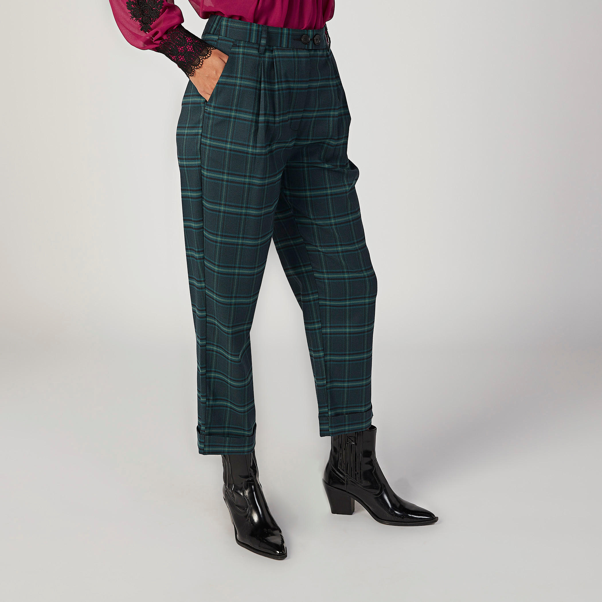 بنطلون كاروهات بخصر مطّاطي متوسّط الارتفاع وتفاصيل جيوب-women-clothing-bottoms-trousers-image-5
