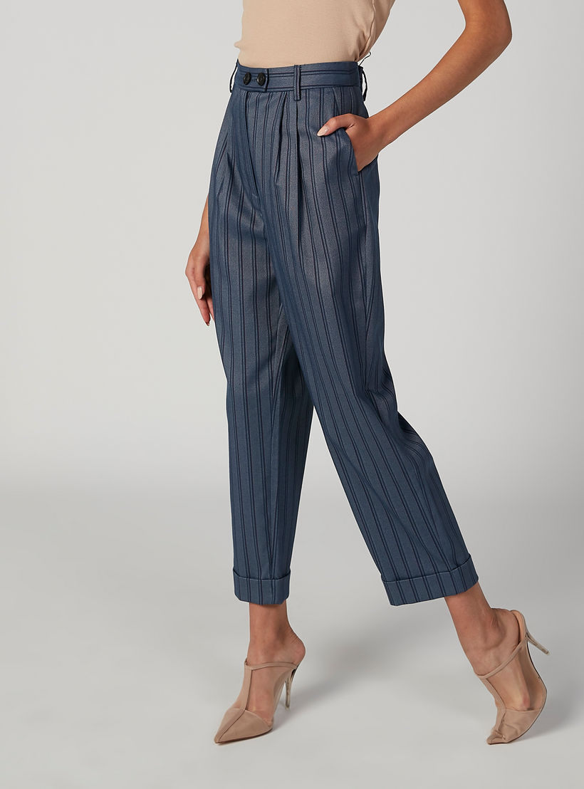 بنطلون مقلّم بخصر مطّاطي متوسّط الارتفاع وتفاصيل جيوب-women-clothing-bottoms-trousers-image-1