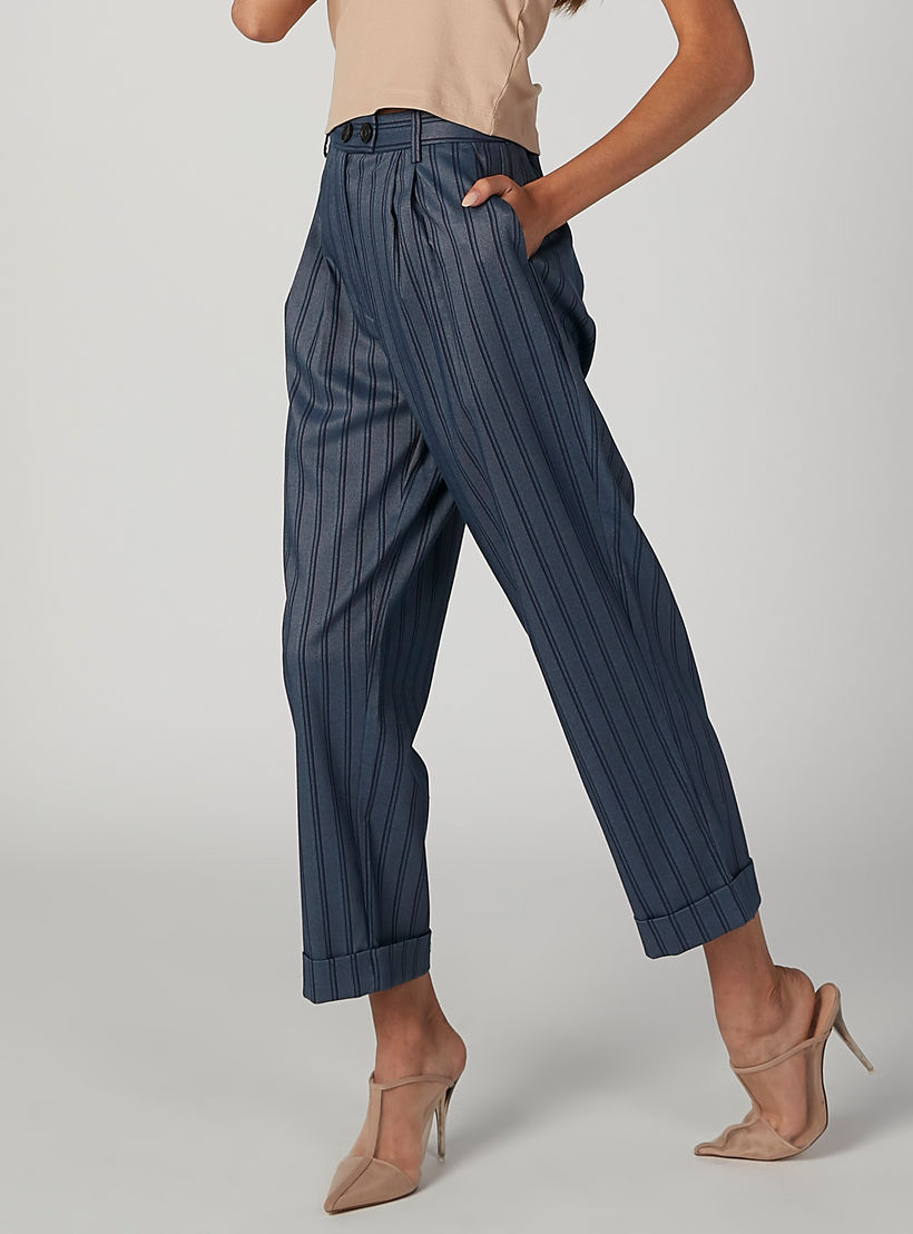 بنطلون مقلّم بخصر مطّاطي متوسّط الارتفاع وتفاصيل جيوب-women-clothing-bottoms-trousers-image-3