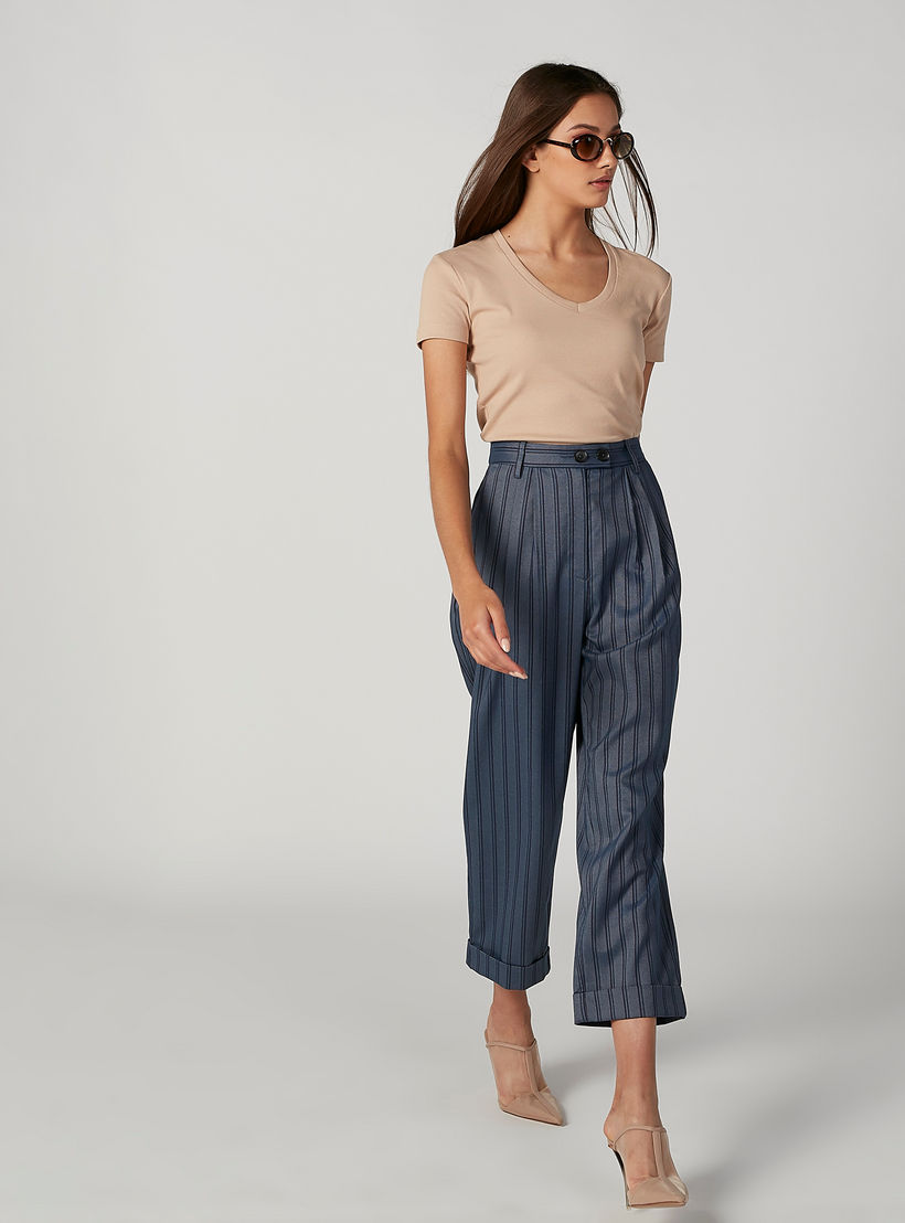 بنطلون مقلّم بخصر مطّاطي متوسّط الارتفاع وتفاصيل جيوب-women-clothing-bottoms-trousers-image-4