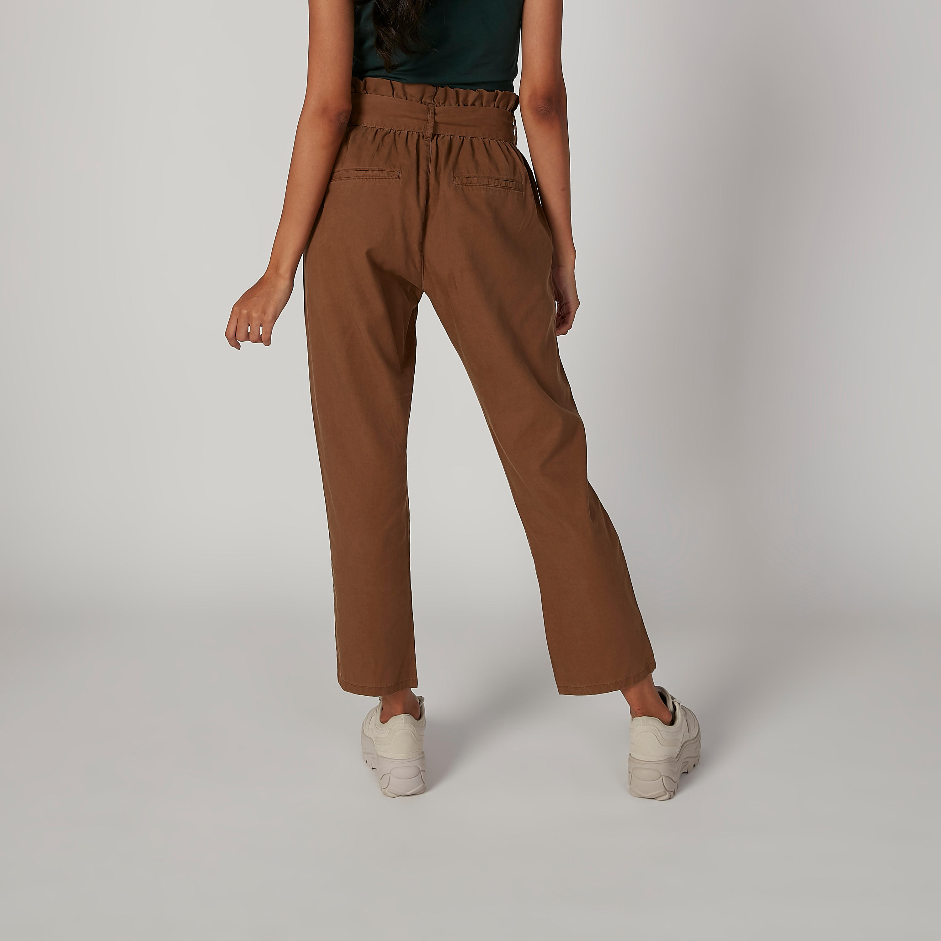 بنطلون سادة بخصر متوسط الارتفاع وجيوب وأربطة-women-clothing-bottoms-trousers-image-2