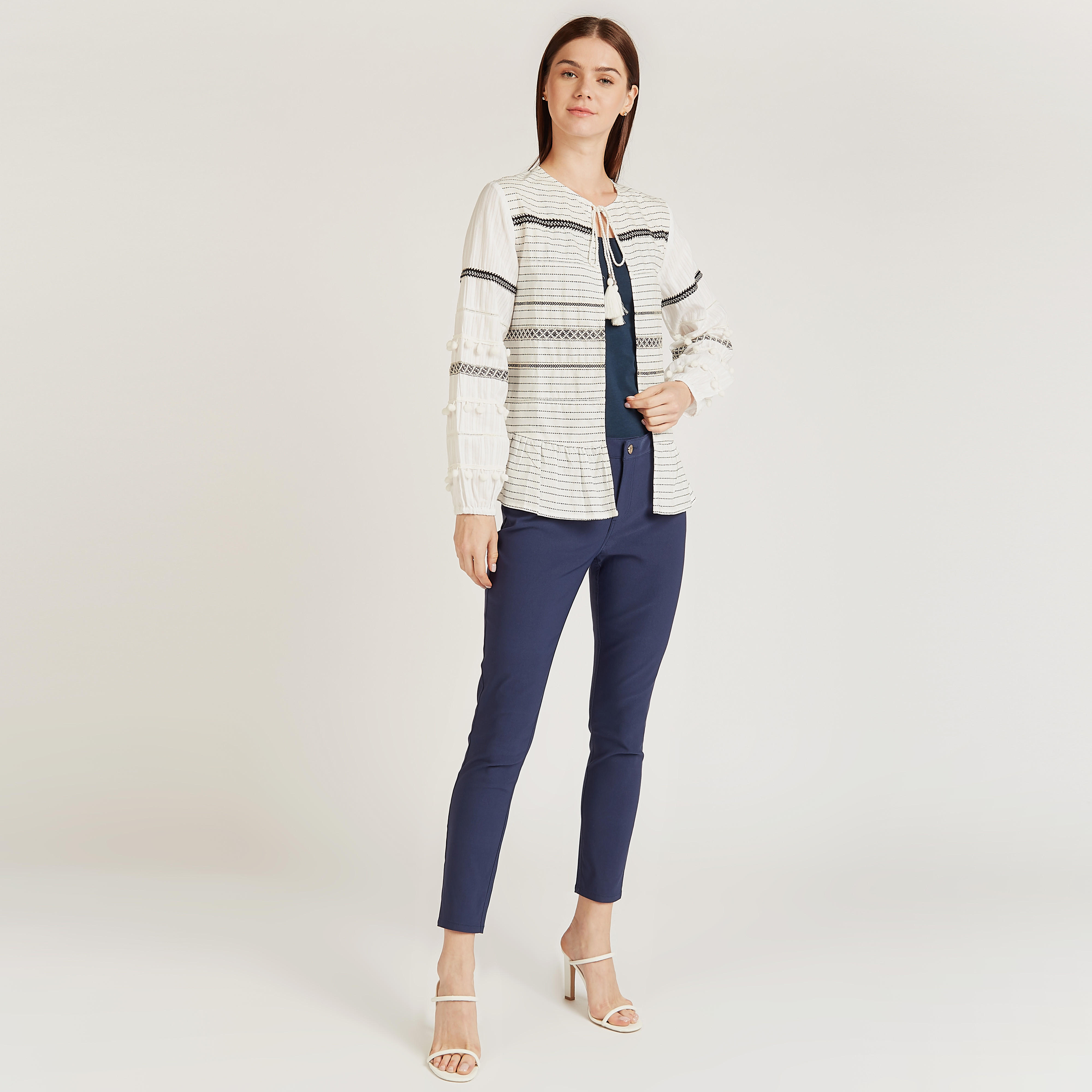 بنطلون تريقنز ميدي سليم سادة بخصر متوسط الارتفاع وعراوي وتفاصيل جيوب-women-clothing-bottoms-trousers-image-10