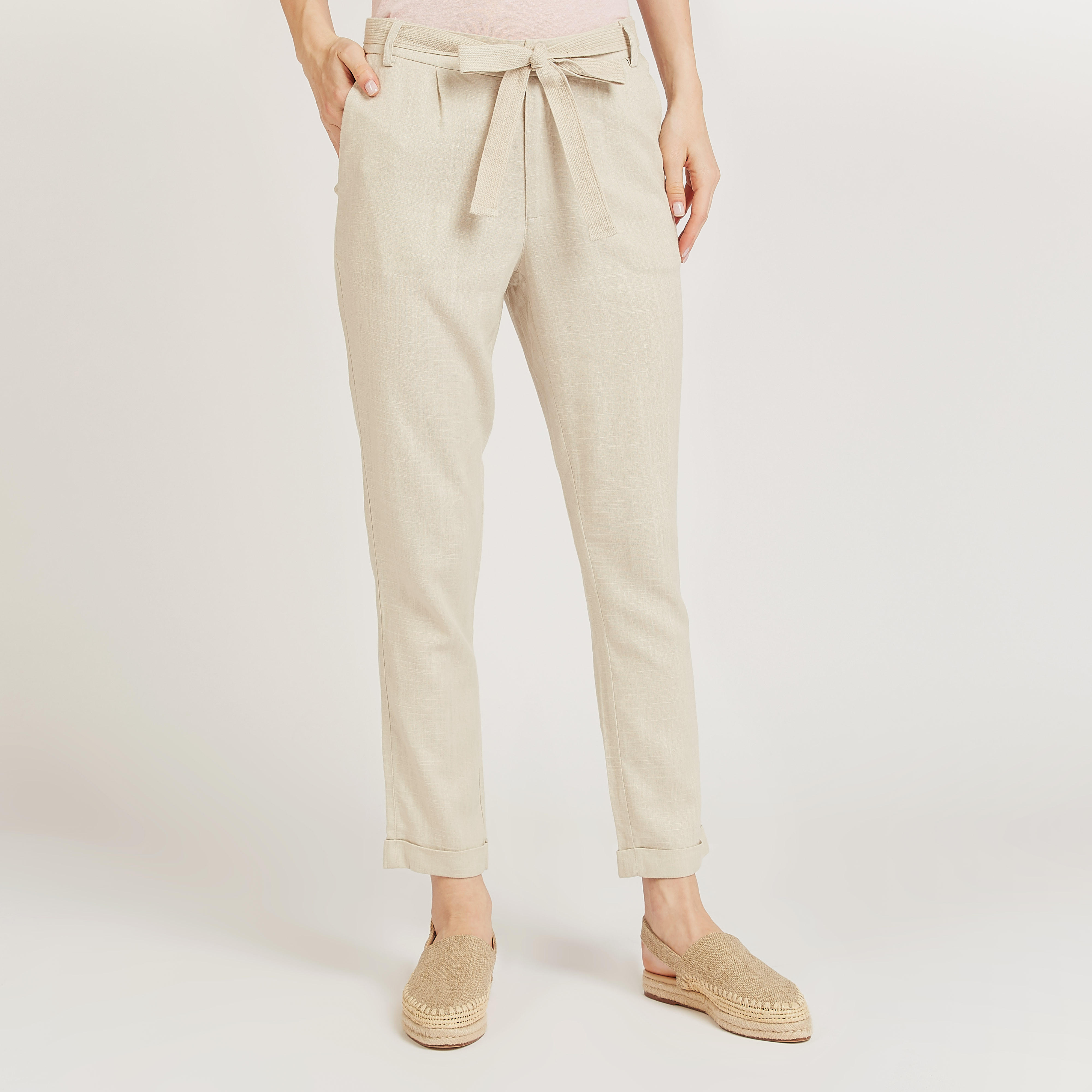 بنطلون بوي فريند سادة بخصر متوسط الارتفاع وجيوب وأربطة-women-clothing-bottoms-trousers-image-1