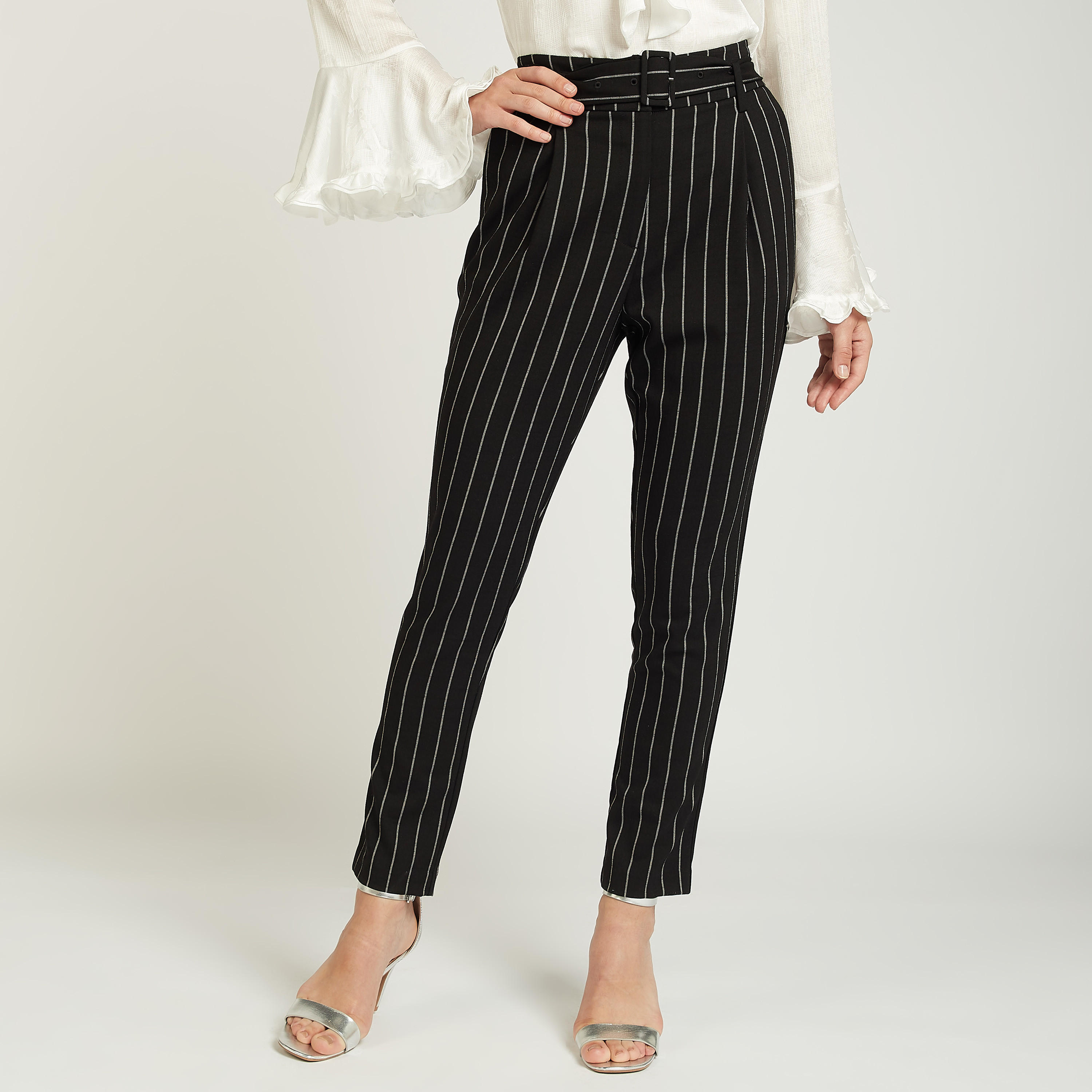 بنطلون سادة بخصر متوسط الارتفاع بحزام-women-clothing-bottoms-trousers-image-1