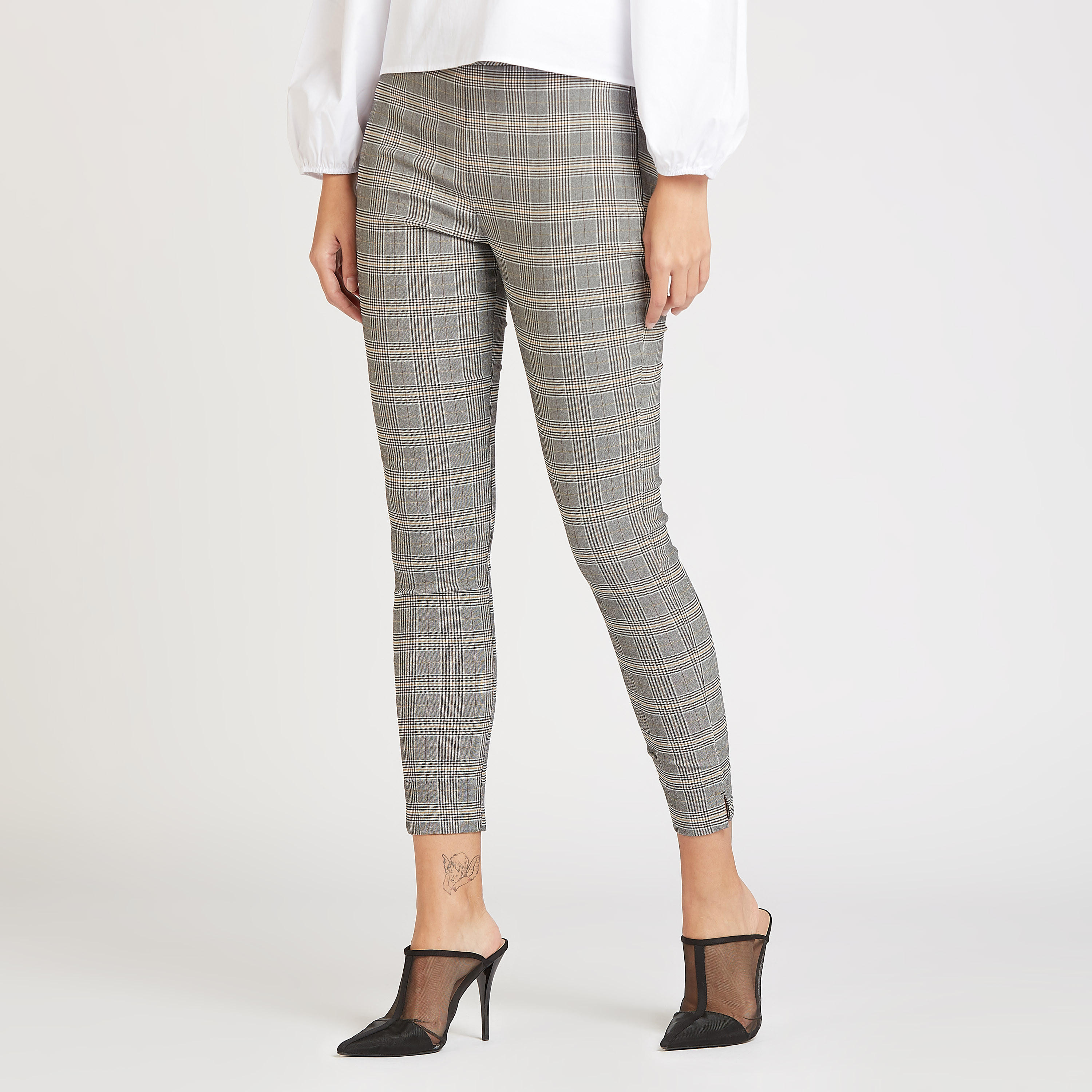بنطلون قصير سليم مربعات بخصر مطاطي متوسط الارتفاع-women-clothing-bottoms-trousers-image-1