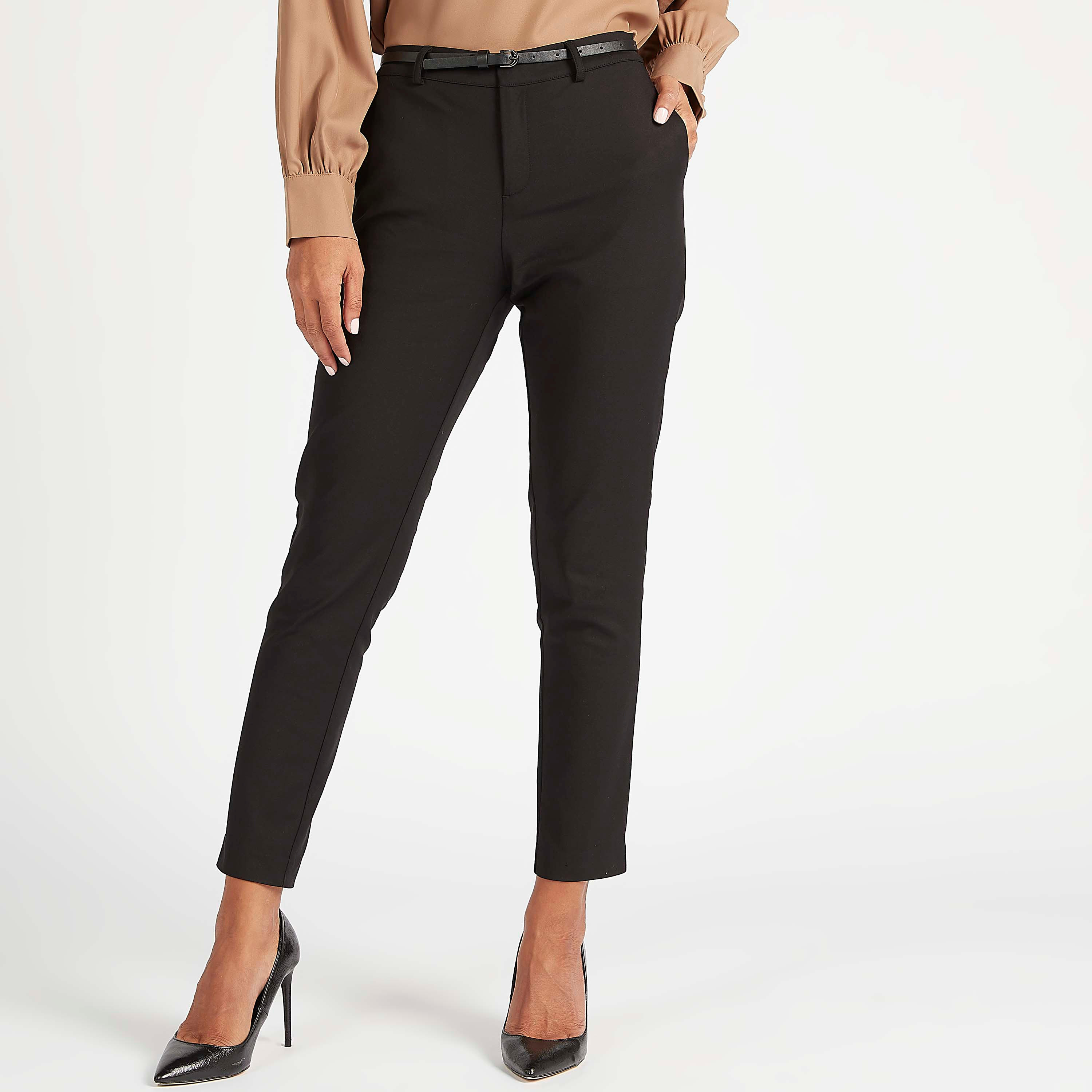 Solid Slim Fit Mid-Rise Trousers with Pockets and Belt Detail-women-clothing-bottoms-trousers-image-1
