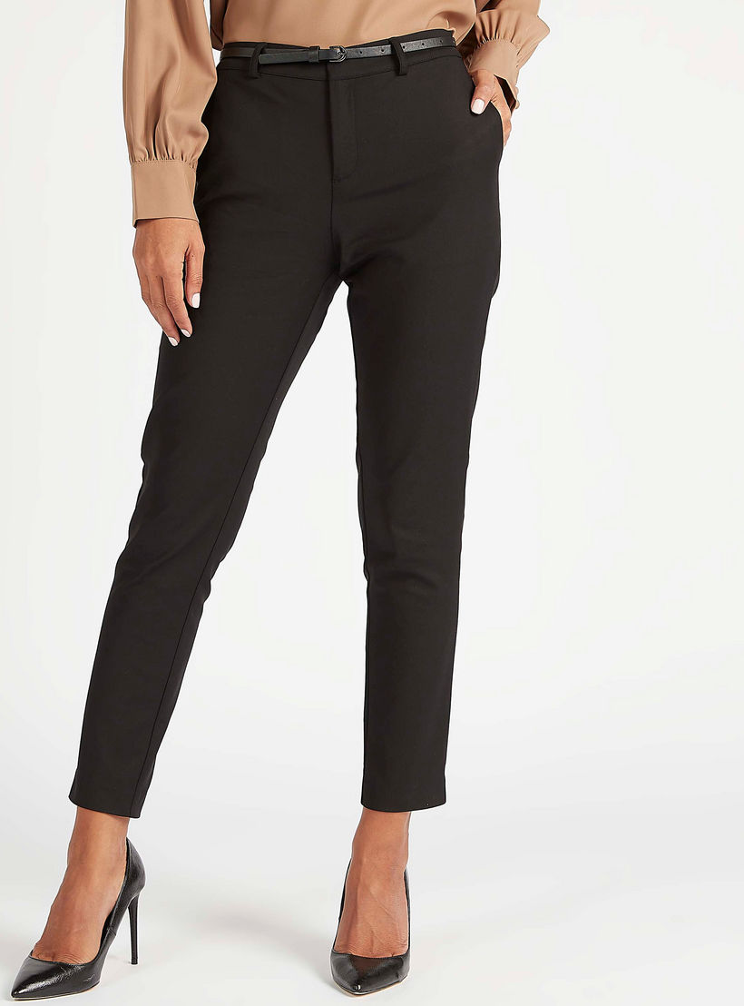 Solid Slim Fit Mid-Rise Trousers with Pockets and Belt Detail-women-clothing-bottoms-trousers-image-1