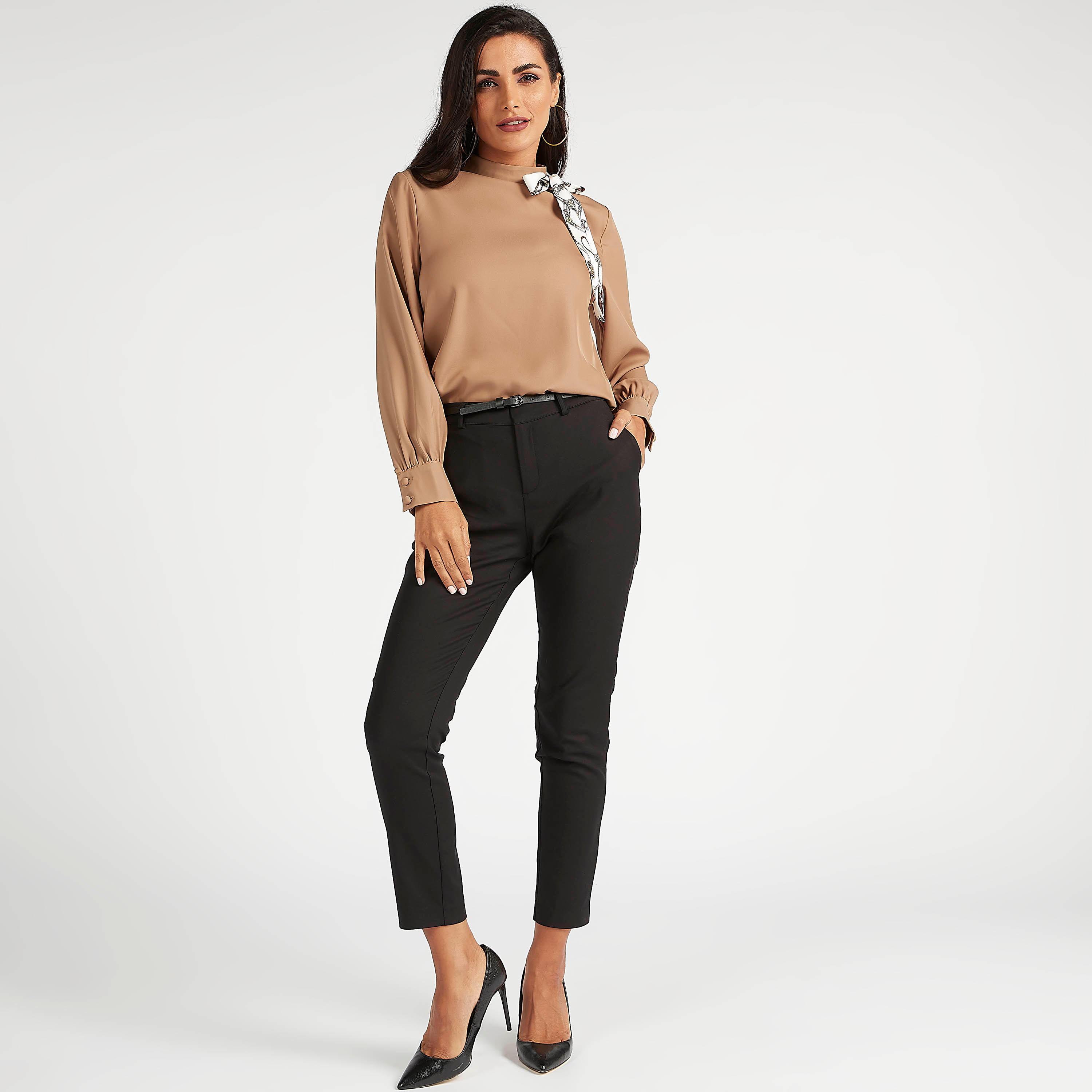 Solid Slim Fit Mid-Rise Trousers with Pockets and Belt Detail-women-clothing-bottoms-trousers-image-2