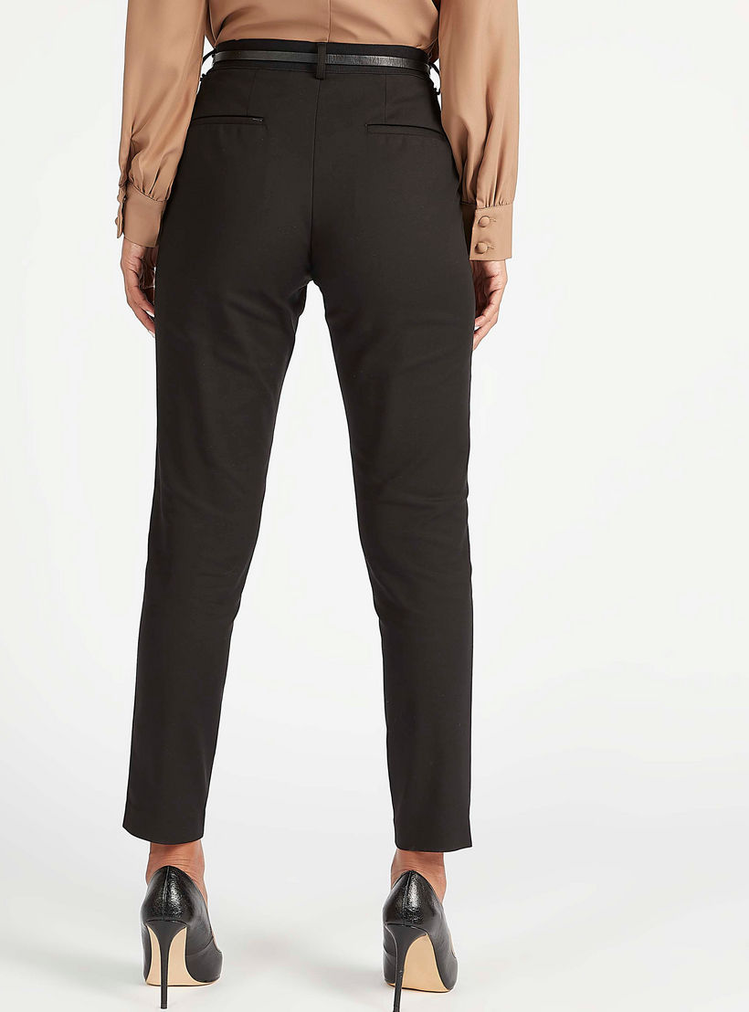Solid Slim Fit Mid-Rise Trousers with Pockets and Belt Detail-women-clothing-bottoms-trousers-image-4