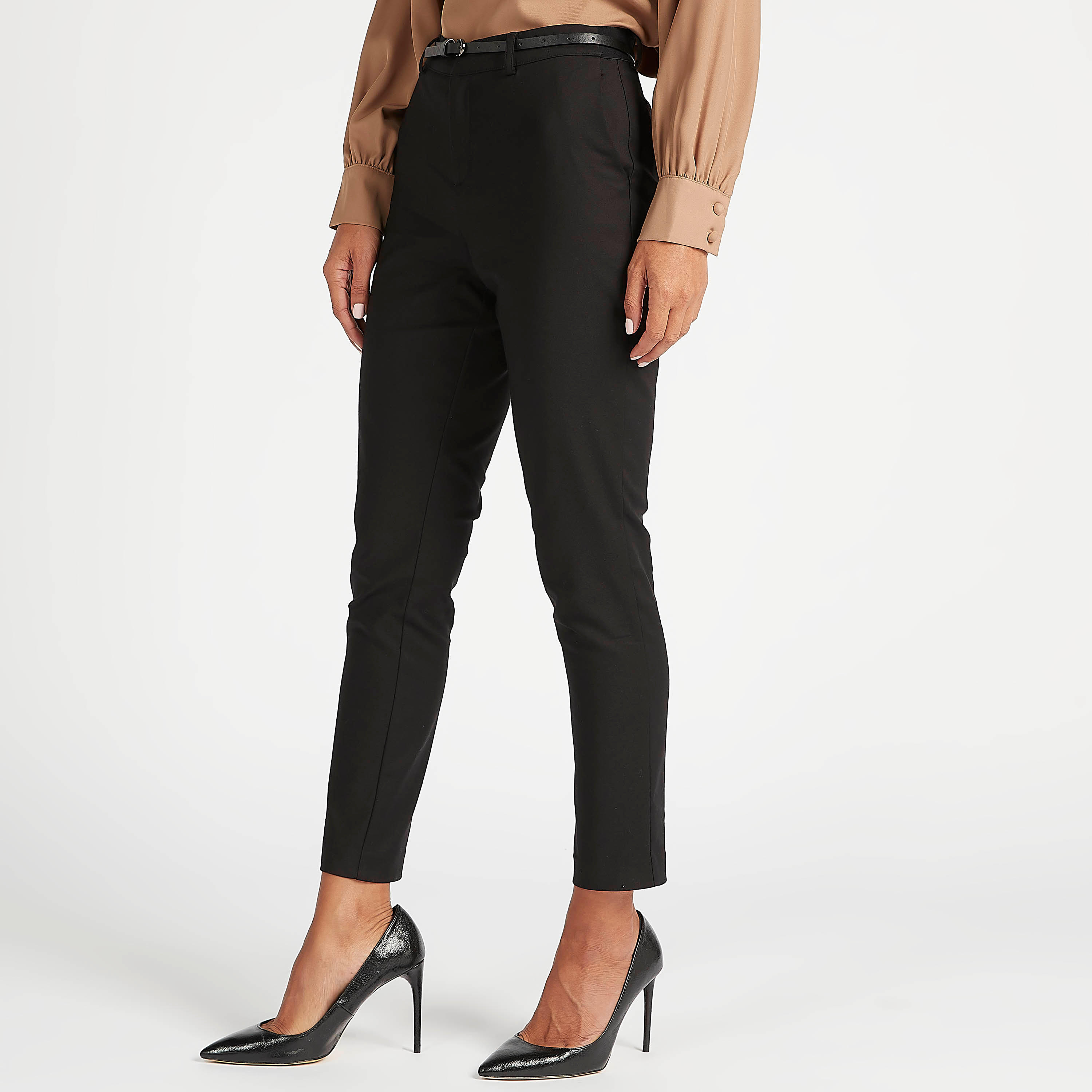 Solid Slim Fit Mid-Rise Trousers with Pockets and Belt Detail-women-clothing-bottoms-trousers-image-5