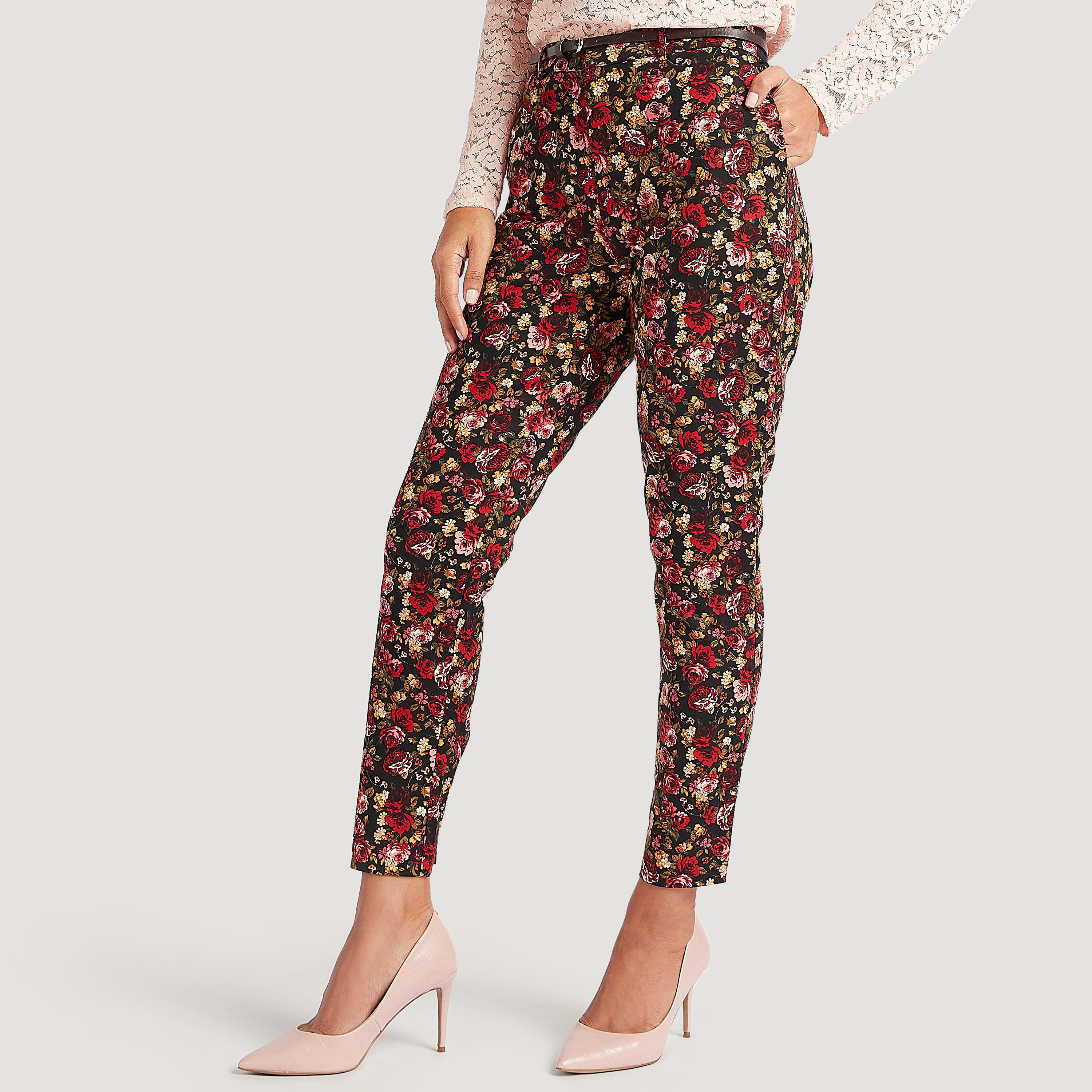 بنطلون بطبعات أزهار وحزام وجيوب وخصر متوسّط الارتفاع-women-clothing-bottoms-trousers-image-4