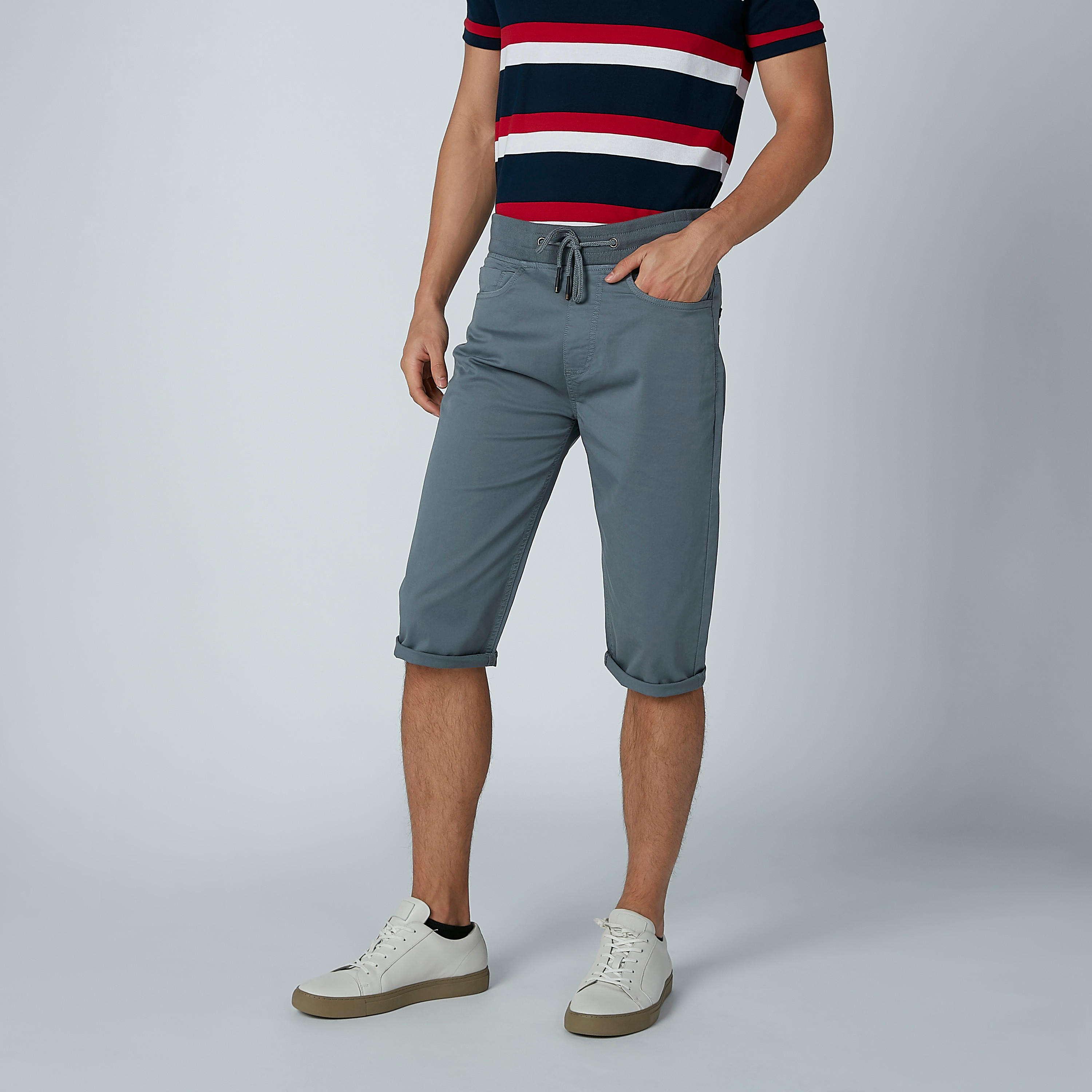 Solid Tapered Shorts with Folded Hem and Drawstring-men-clothing-bottoms-shorts-image-2