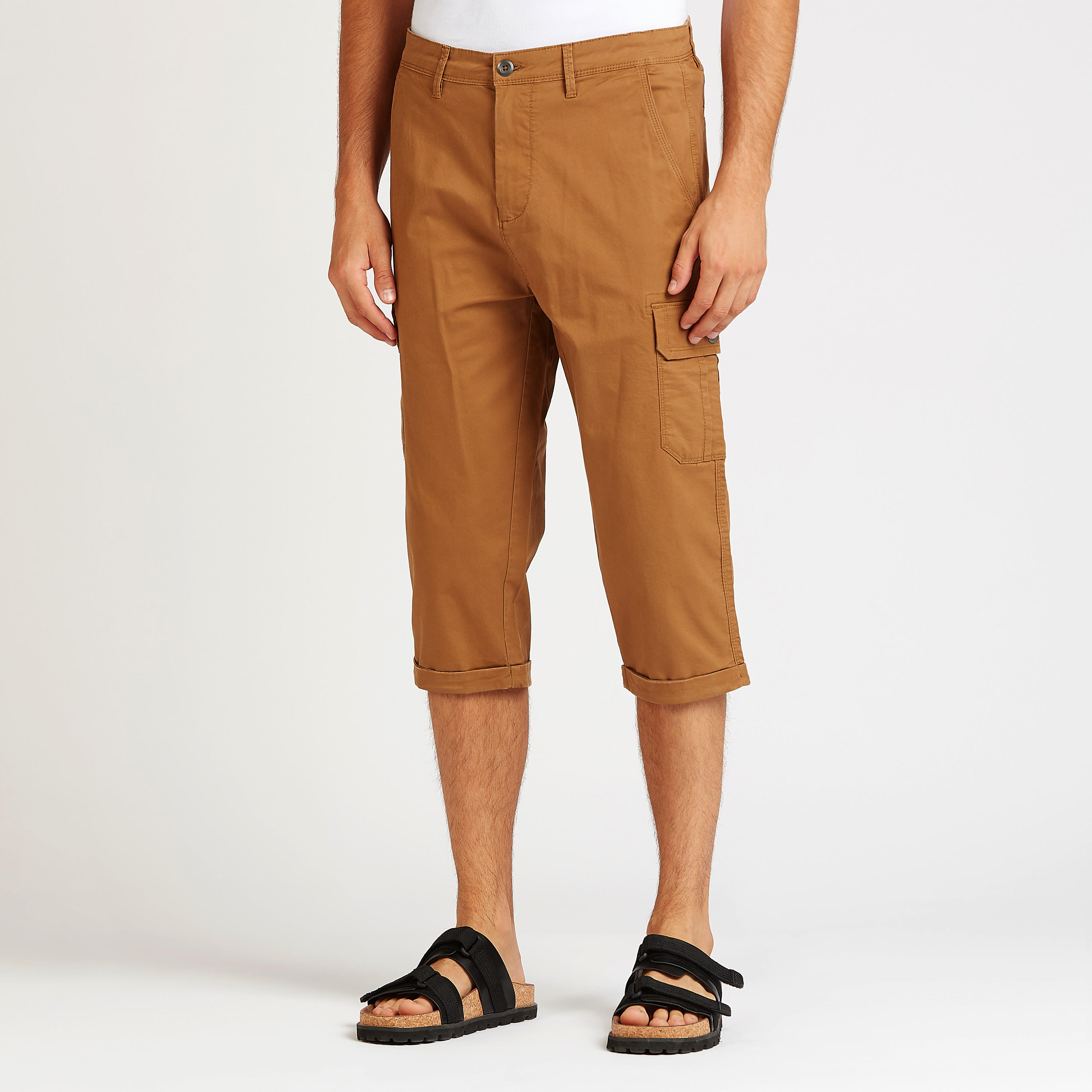 Slim Fit Solid Mid-Rise 3/4 Cargo Pants with Pockets and Belt Loops-men-clothing-bottoms-shorts-image-1