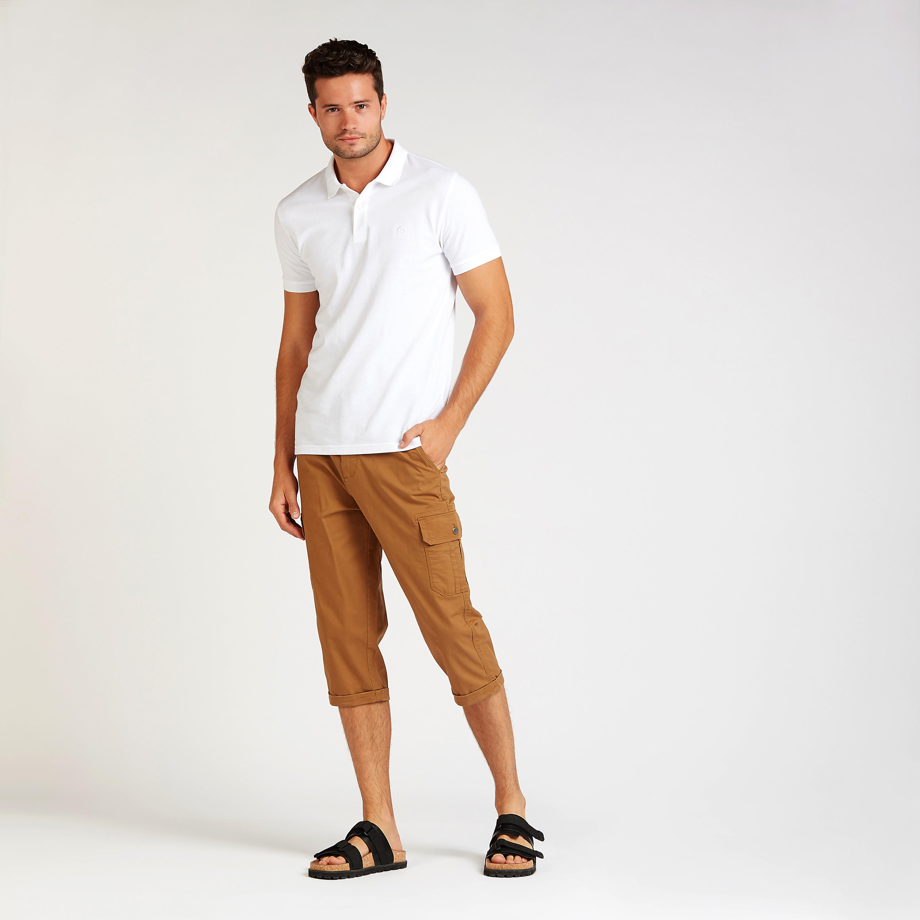 Slim Fit Solid Mid-Rise 3/4 Cargo Pants with Pockets and Belt Loops-men-clothing-bottoms-shorts-image-2