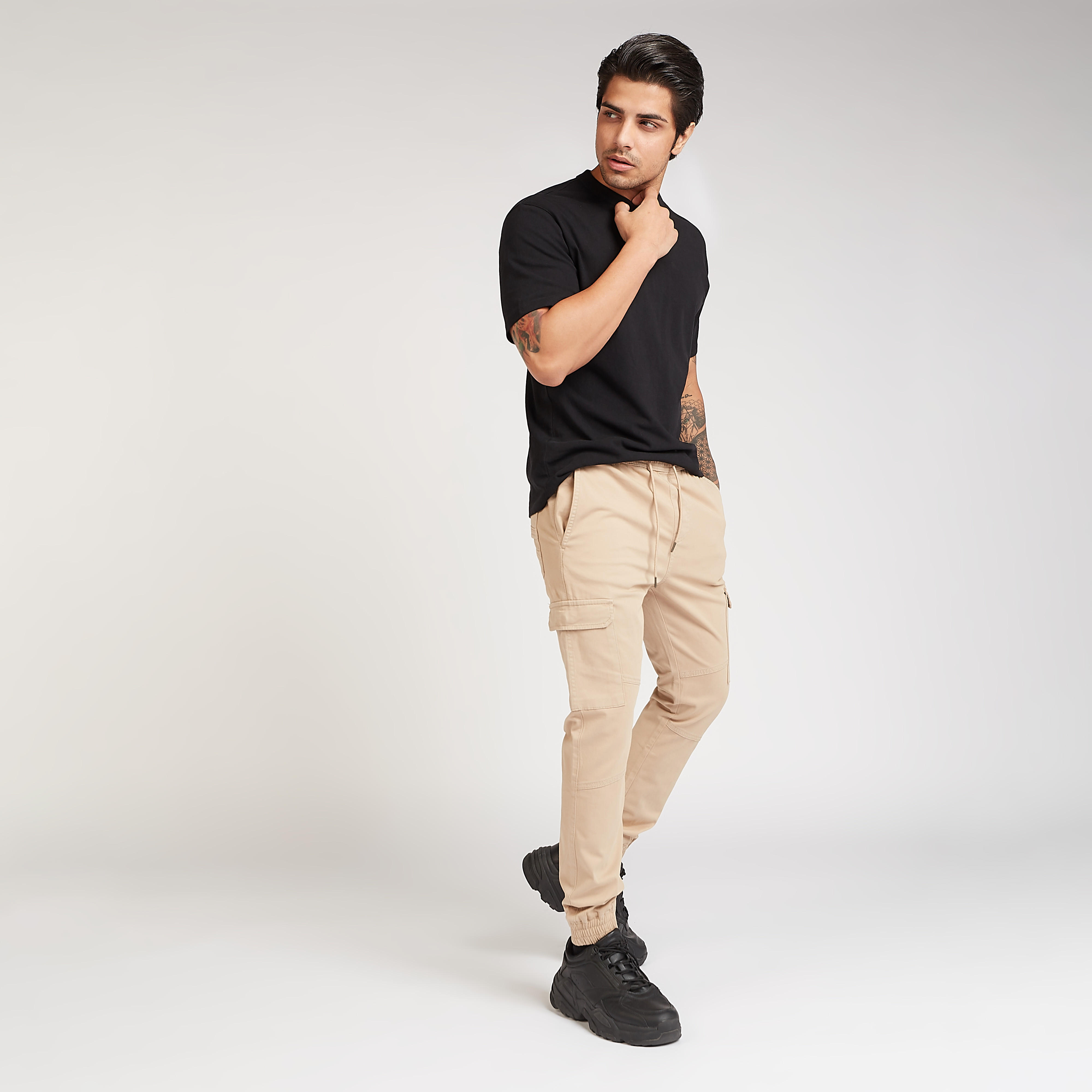 Solid Full Length Cargo Joggers with Drawstring Closure-men-clothing-bottoms-joggers-image-2