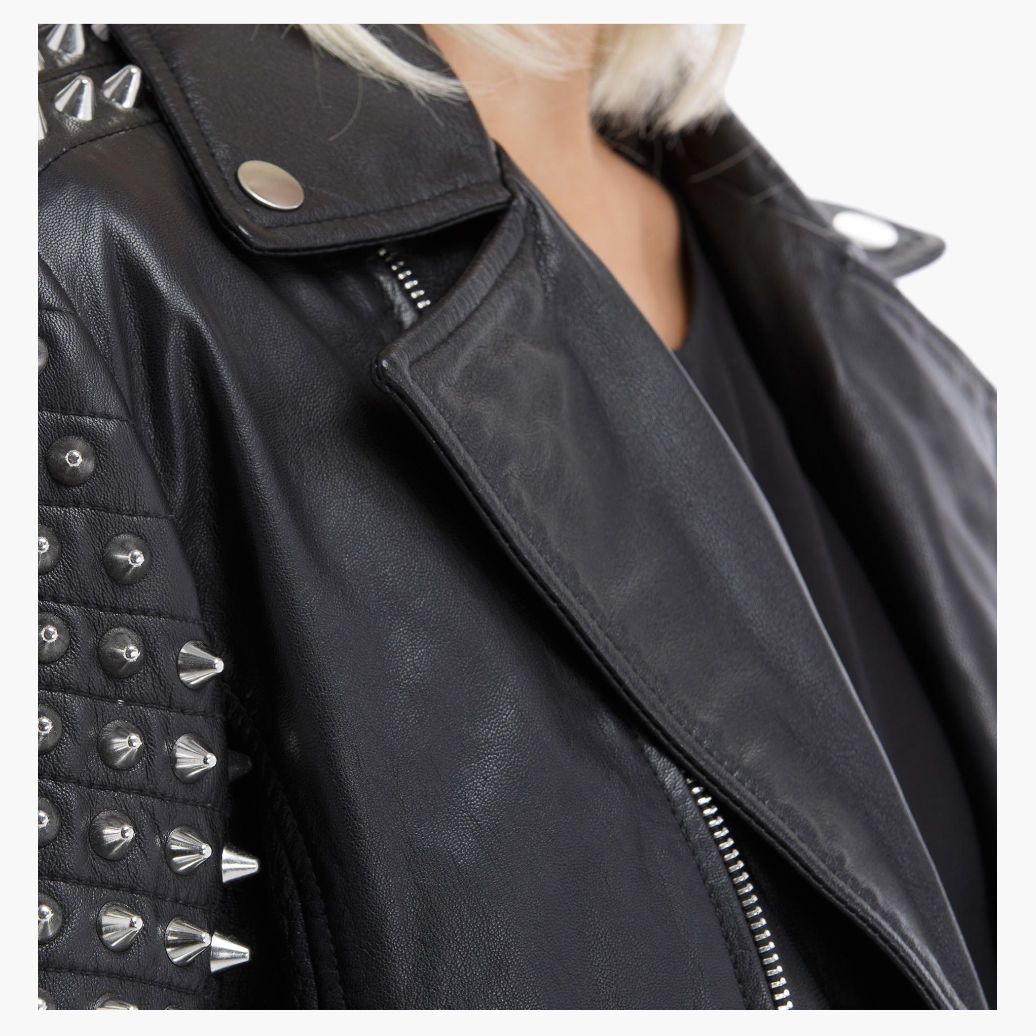 BLACK by Splash Embellished Leather Biker Jacket with Zip Front-women-winterwear-coatsandjackets-jackets-image-2