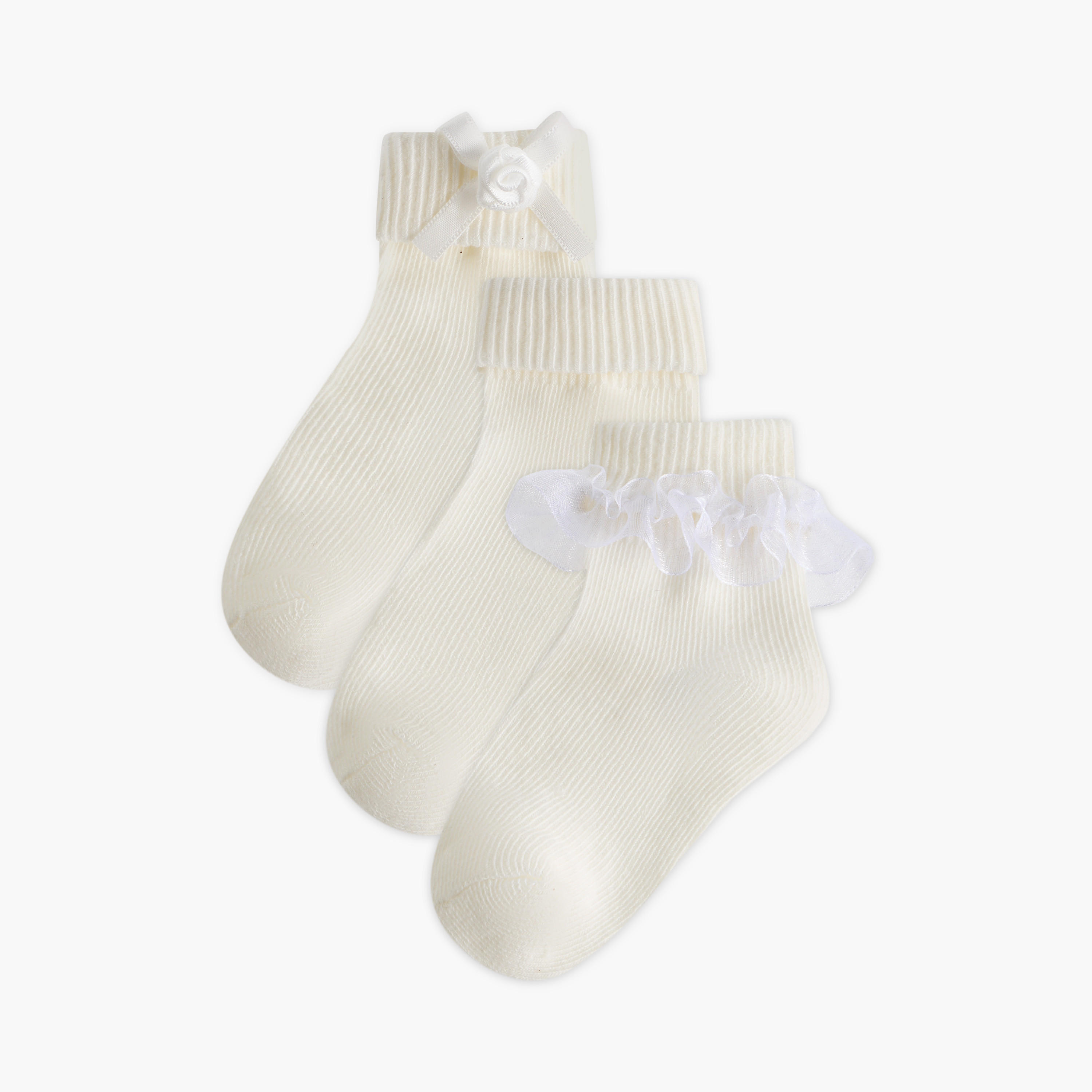Barefeet Frill Detail Non Terry Ankle Length Socks - Set of 3-girls-accessories-socks-image-1