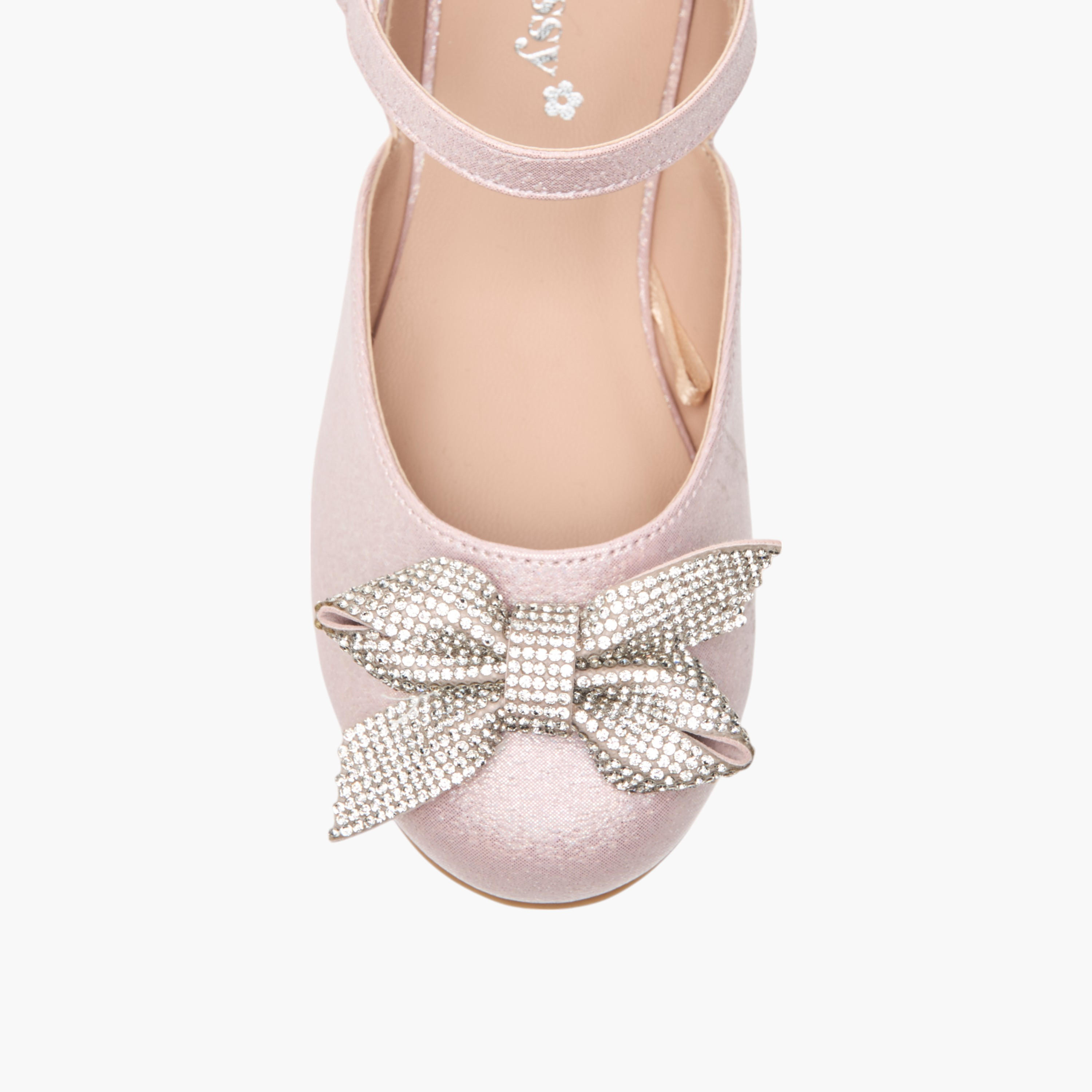 Little Missy Embellished Bow Ballerina Shoes with Hook and Loop Closure-girls-shoes-ballerinas-image-4