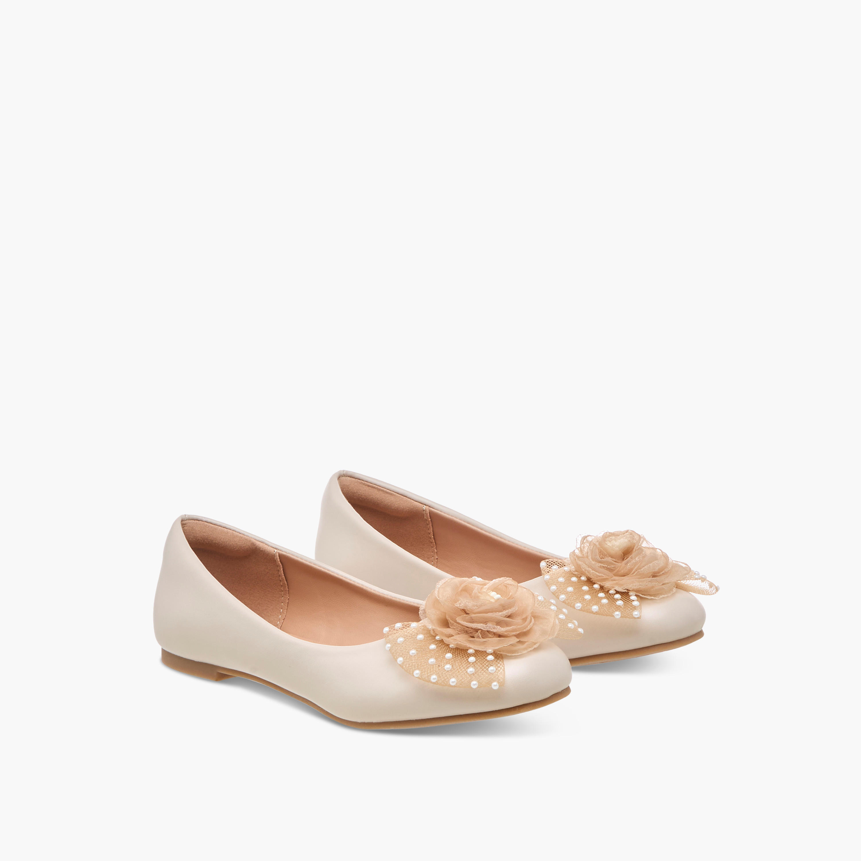 Little Missy Pearl Embellished Ballerina Shoes with Flower Applique-girls-shoes-ballerinas-image-1