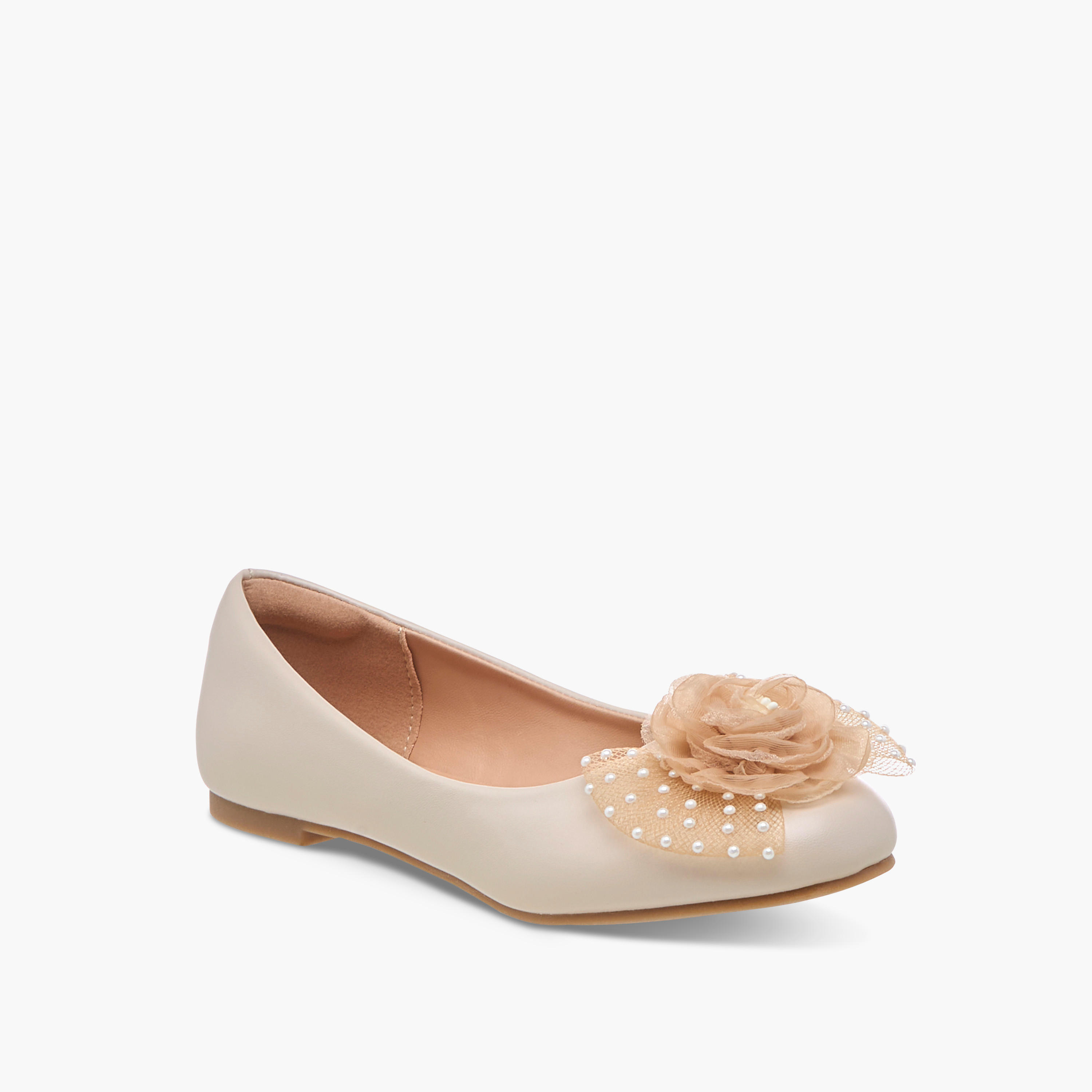 Little Missy Pearl Embellished Ballerina Shoes with Flower Applique-girls-shoes-ballerinas-image-2