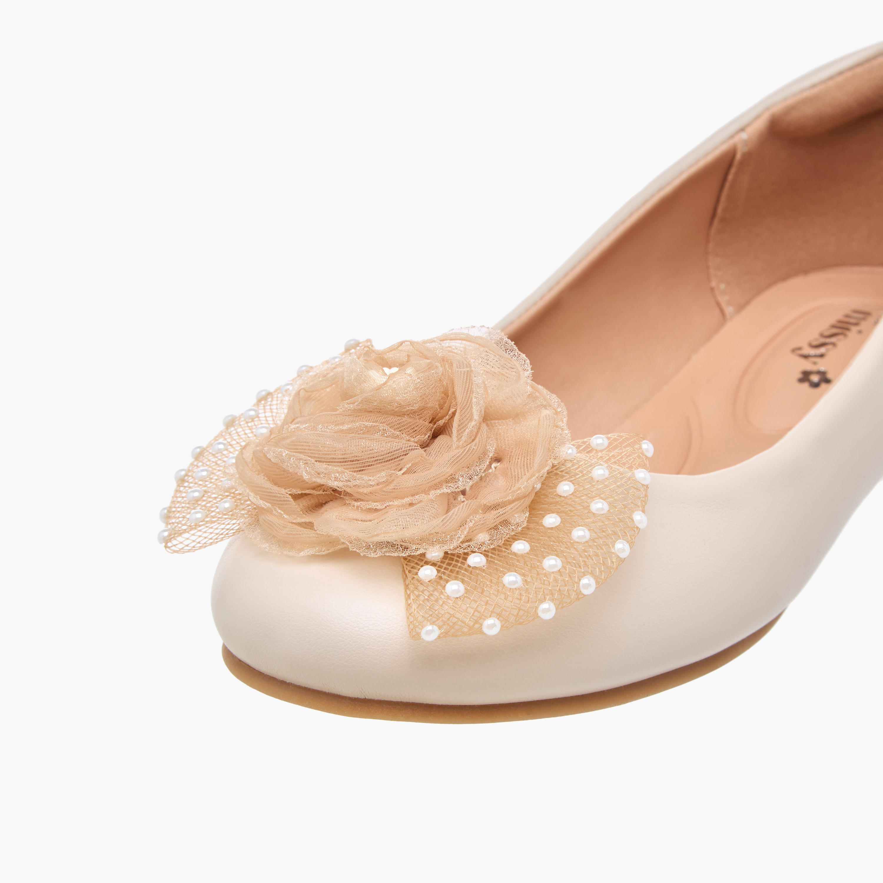 Little Missy Pearl Embellished Ballerina Shoes with Flower Applique-girls-shoes-ballerinas-image-6