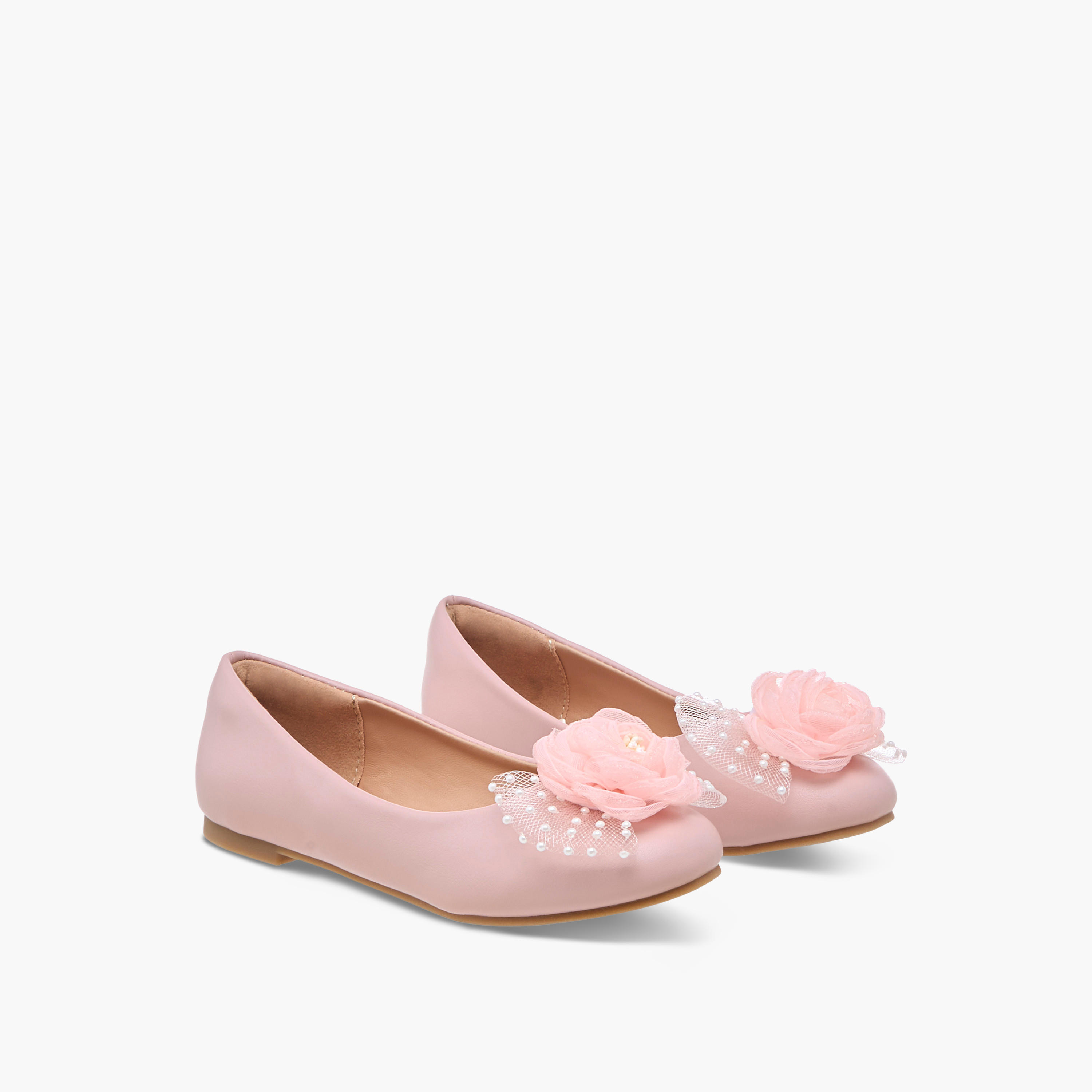 Little Missy Pearl Embellished Ballerina Shoes with Flower Applique-girls-shoes-ballerinas-image-1