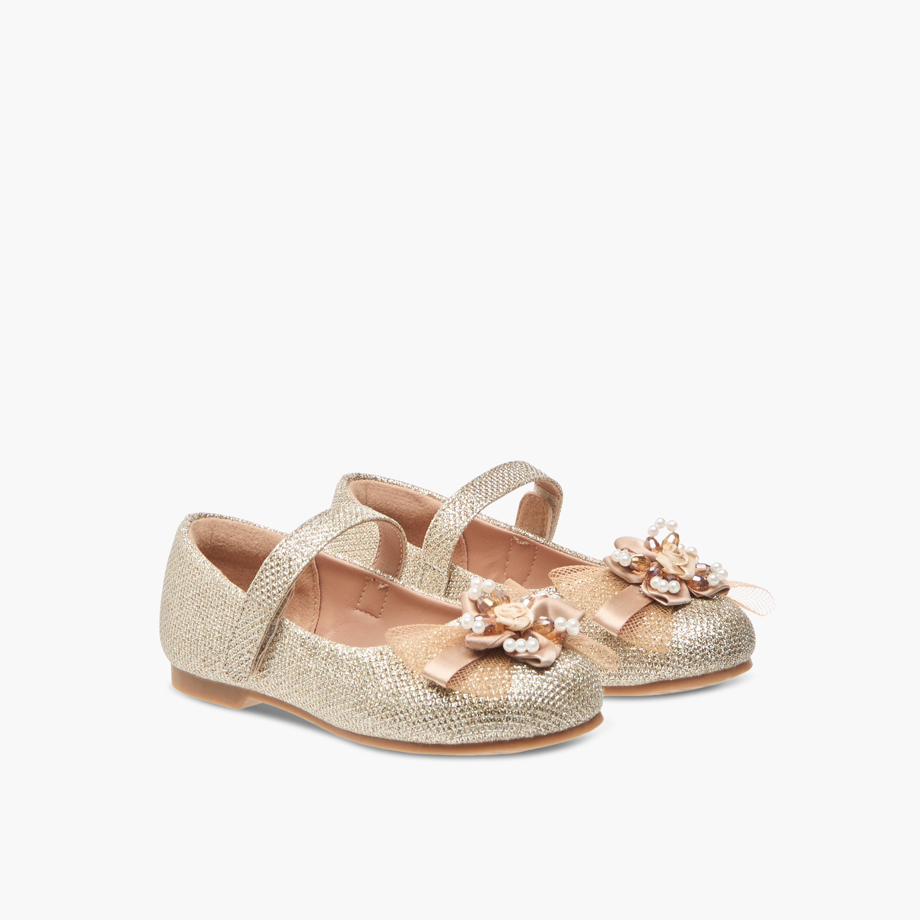 Juniors Floral Embellished Ballerina Shoes with Hook and Loop Closure-girls-shoes-ballerinas-image-1
