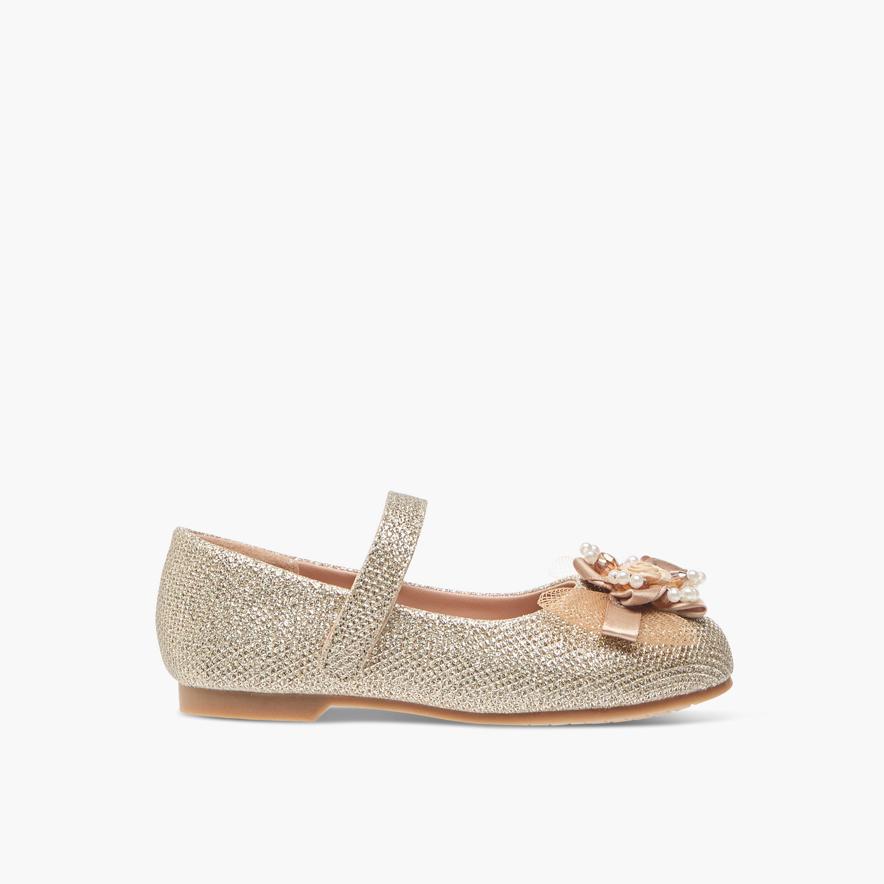 Juniors Floral Embellished Ballerina Shoes with Hook and Loop Closure-girls-shoes-ballerinas-image-2