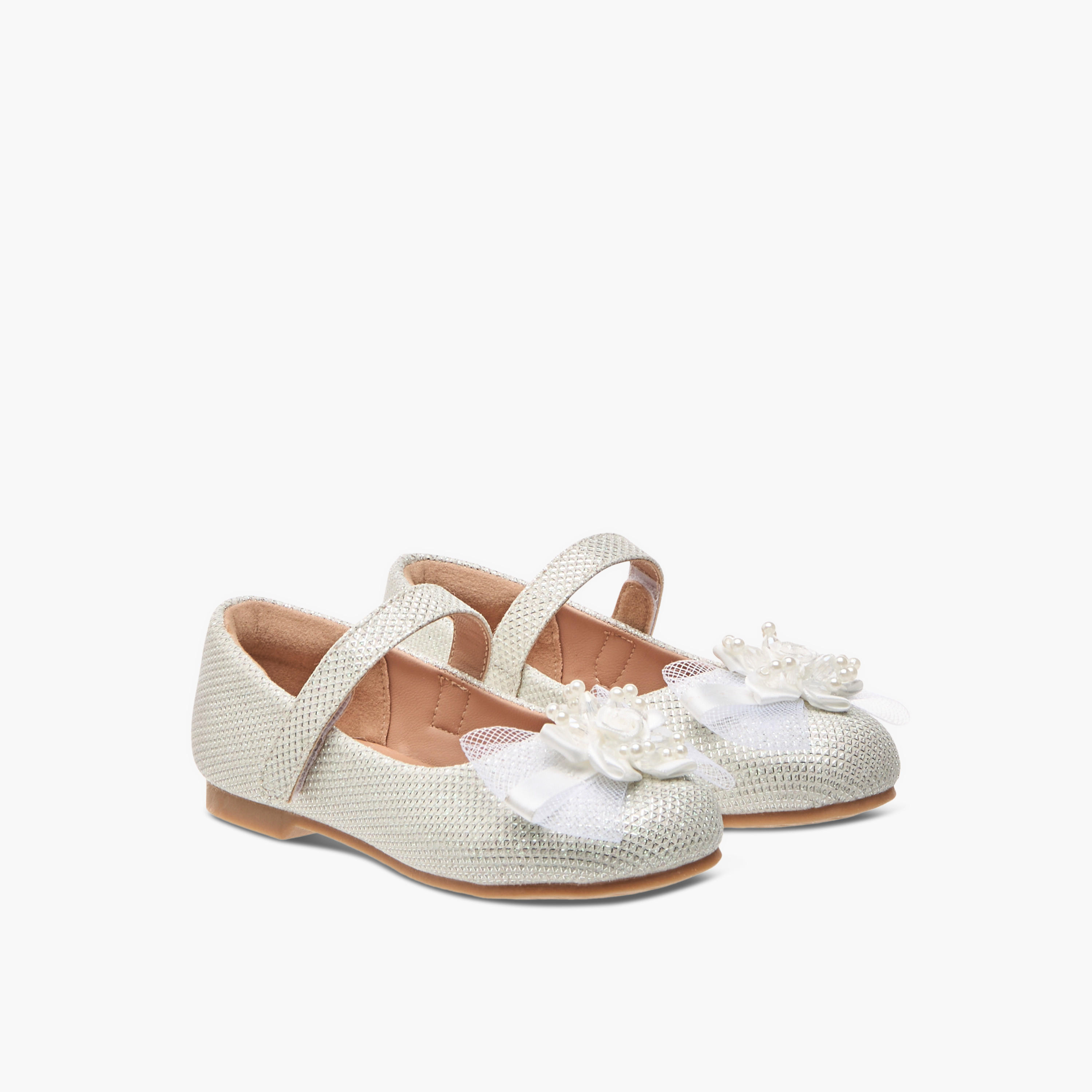 Juniors Floral Embellished Ballerina Shoes with Hook and Loop Closure-girls-shoes-ballerinas-image-1