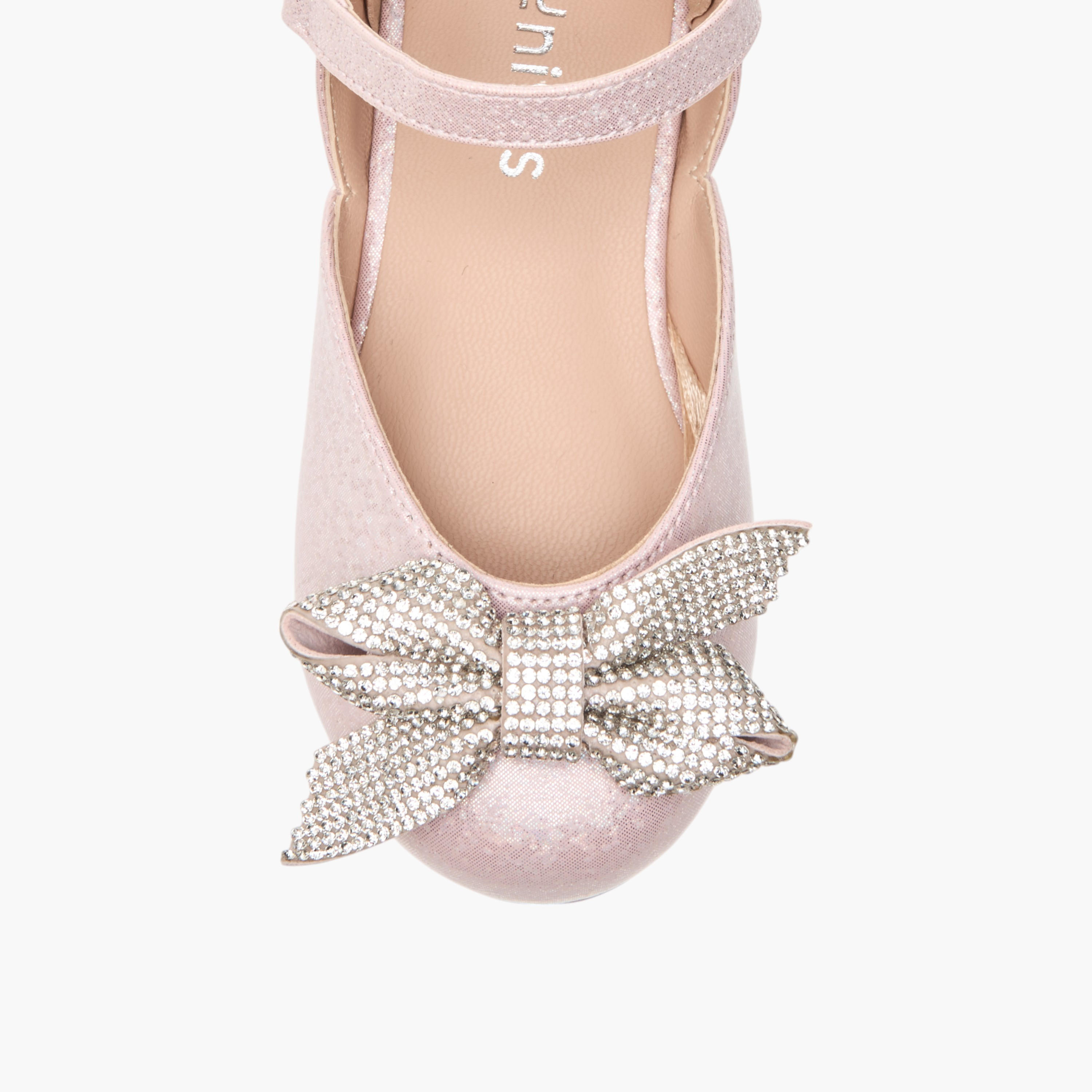 Juniors Embellished Bow Ballerina Shoes with Hook and Loop Closure-girls-shoes-ballerinas-image-4