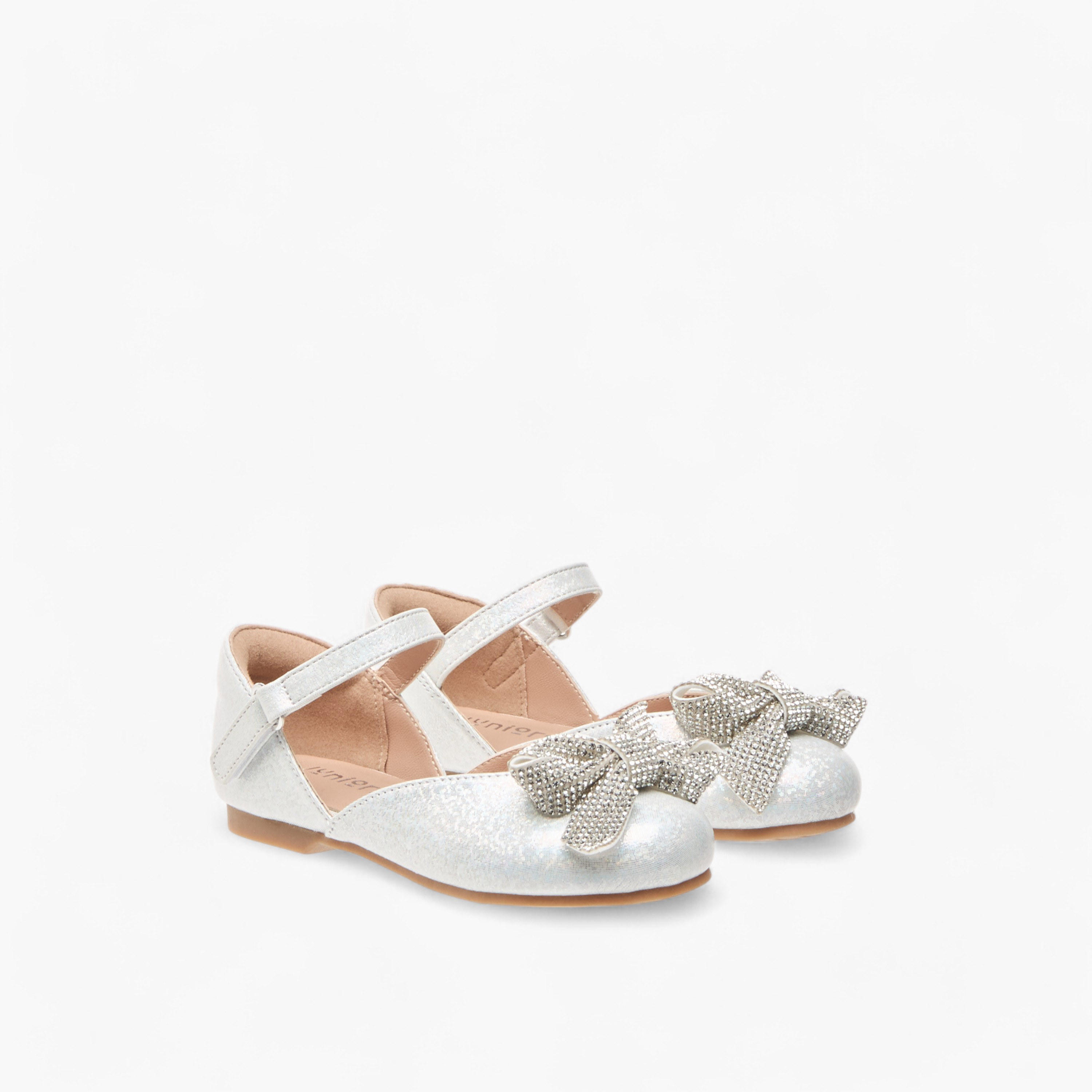 Juniors Embellished Bow Ballerina Shoes with Hook and Loop Closure-girls-shoes-ballerinas-image-1