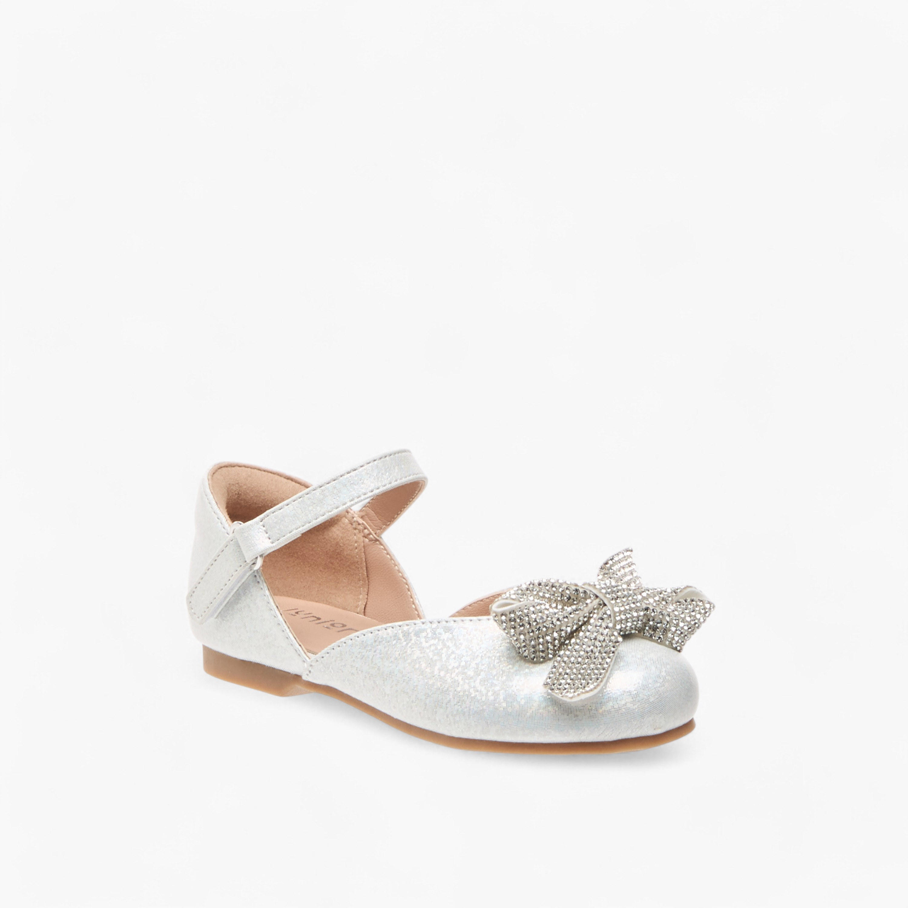 Juniors Embellished Bow Ballerina Shoes with Hook and Loop Closure-girls-shoes-ballerinas-image-2